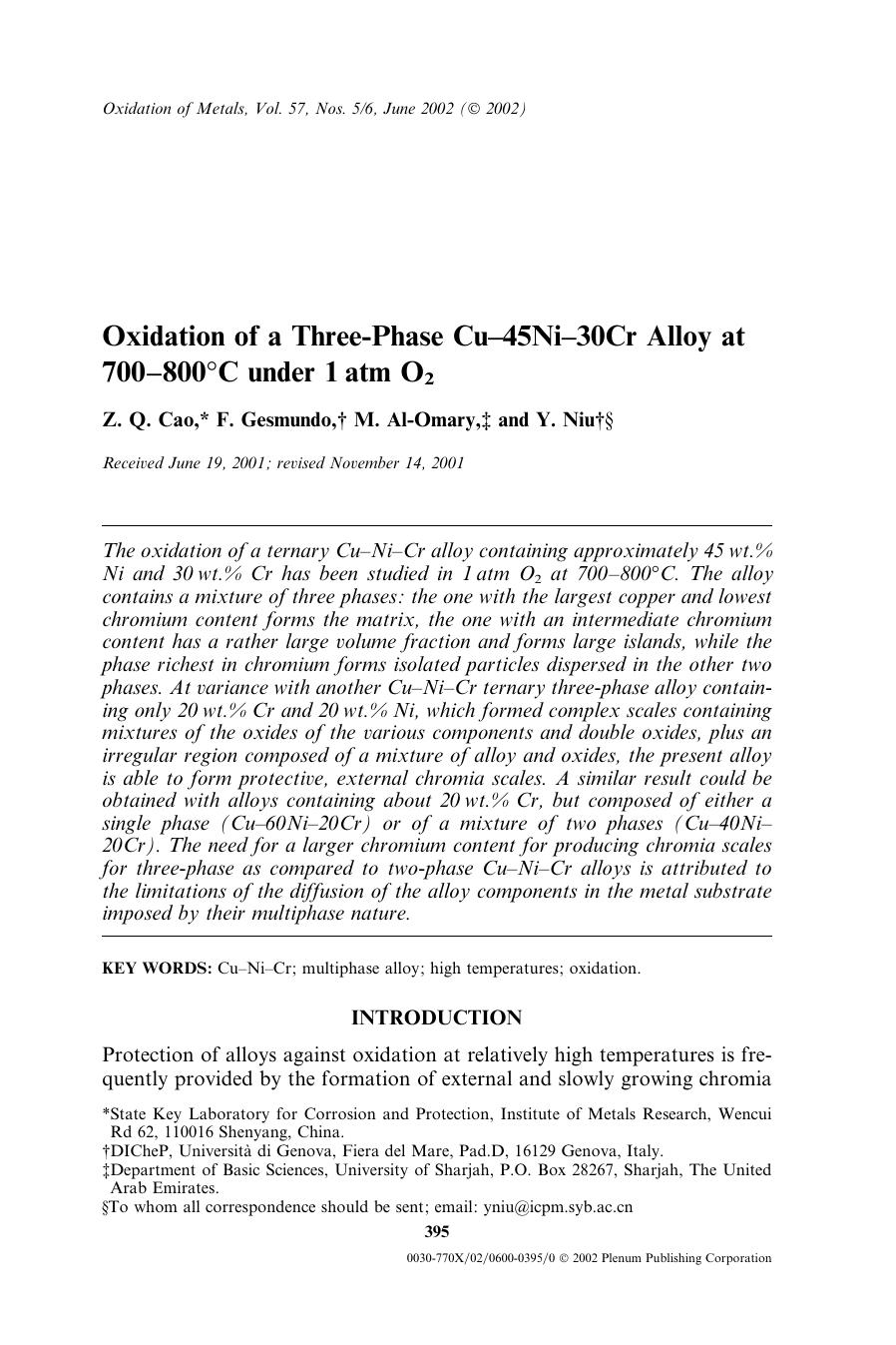 Oxidation of a Three-Phase Cu&#x2013;45Ni&#x2013;30Cr Alloy at 700&#x2013;800&#x00B0;C Under 1 atm O<Subscript>2<Subscript> by Unknown