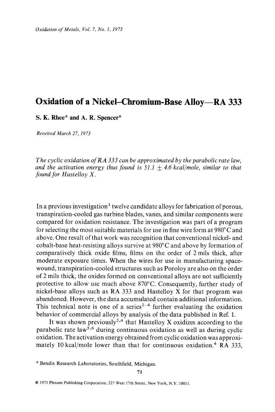 Oxidation of a nickel-chromium-base alloy &#x2014; RA 333 by Unknown