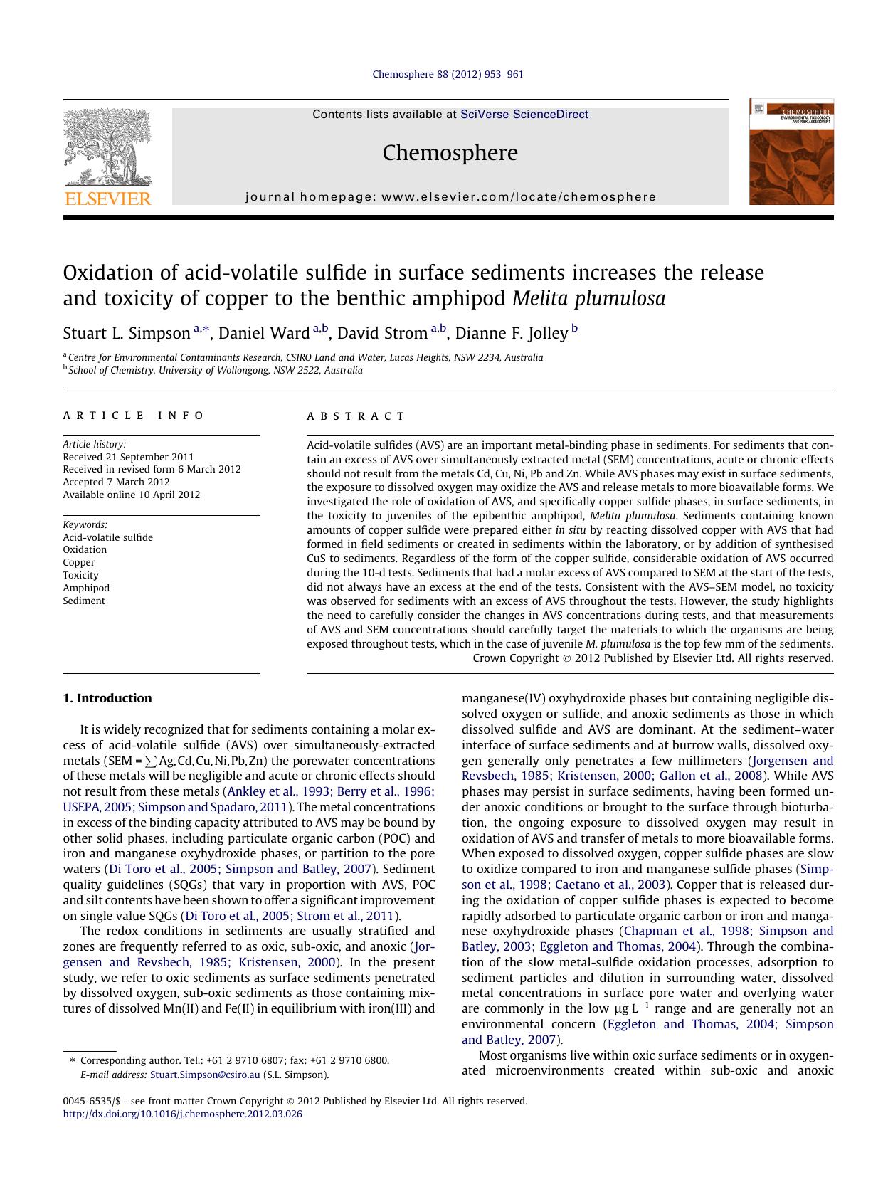 Oxidation of acid-volatile sulfide in surface sediments increases the release and toxicity of copper to the benthic amphipod Melita plumulosa by Stuart L. Simpson & Daniel Ward & David Strom & Dianne F. Jolley
