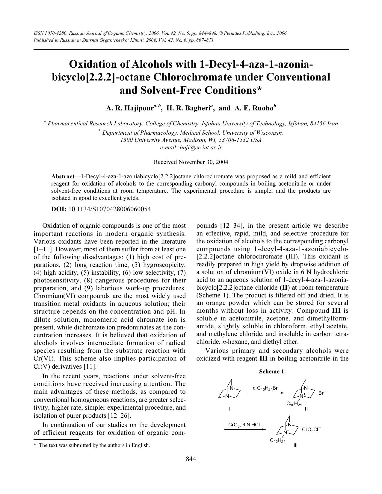 Oxidation of alcohols with 1-decyl-4-aza-1-azonia-bicyclo[2.2.2]-octane chlorochromate under conventional and solvent-free conditions by Unknown
