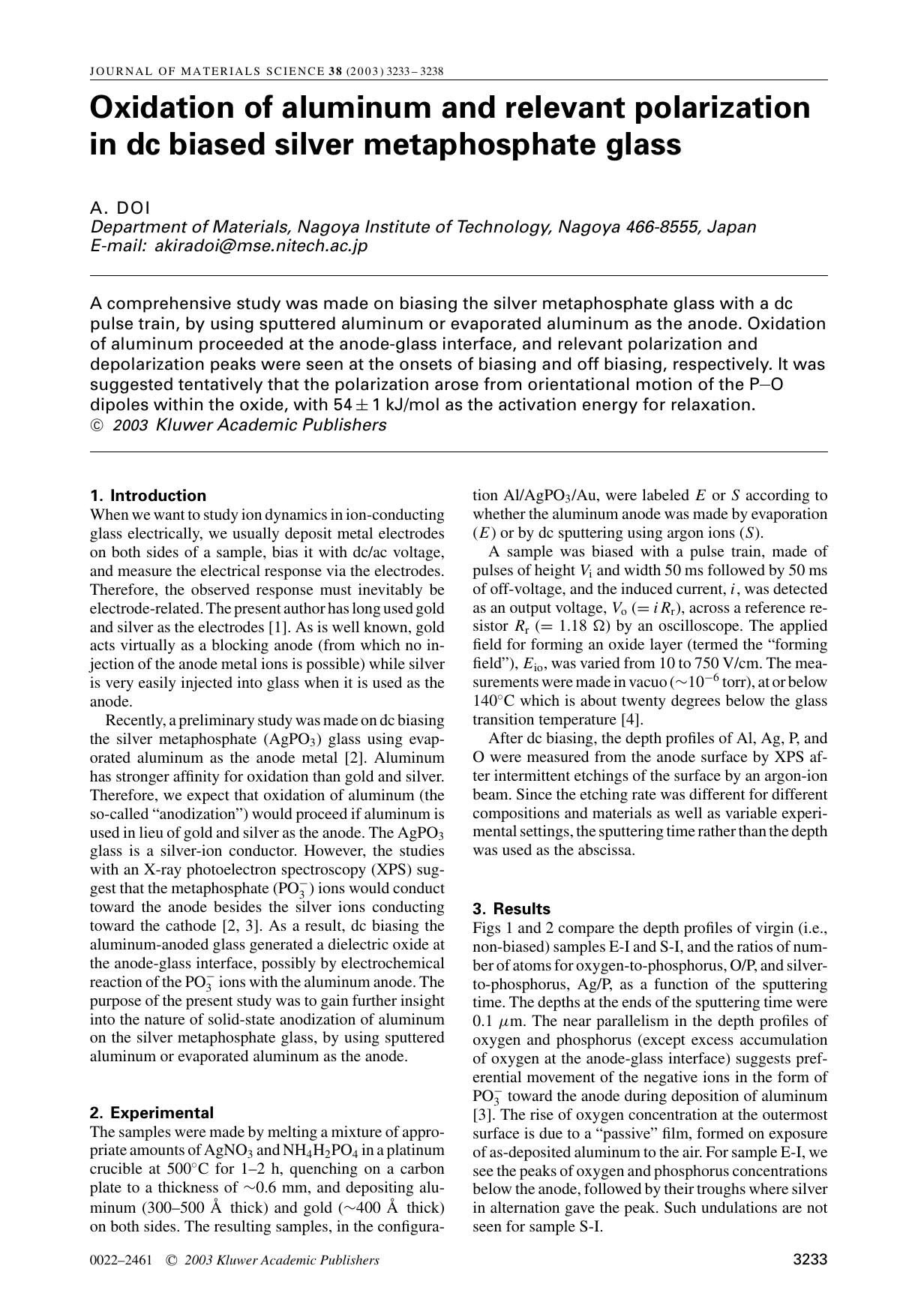 Oxidation of aluminum and relevant polarization in dc biased silver metaphosphate glass by Unknown