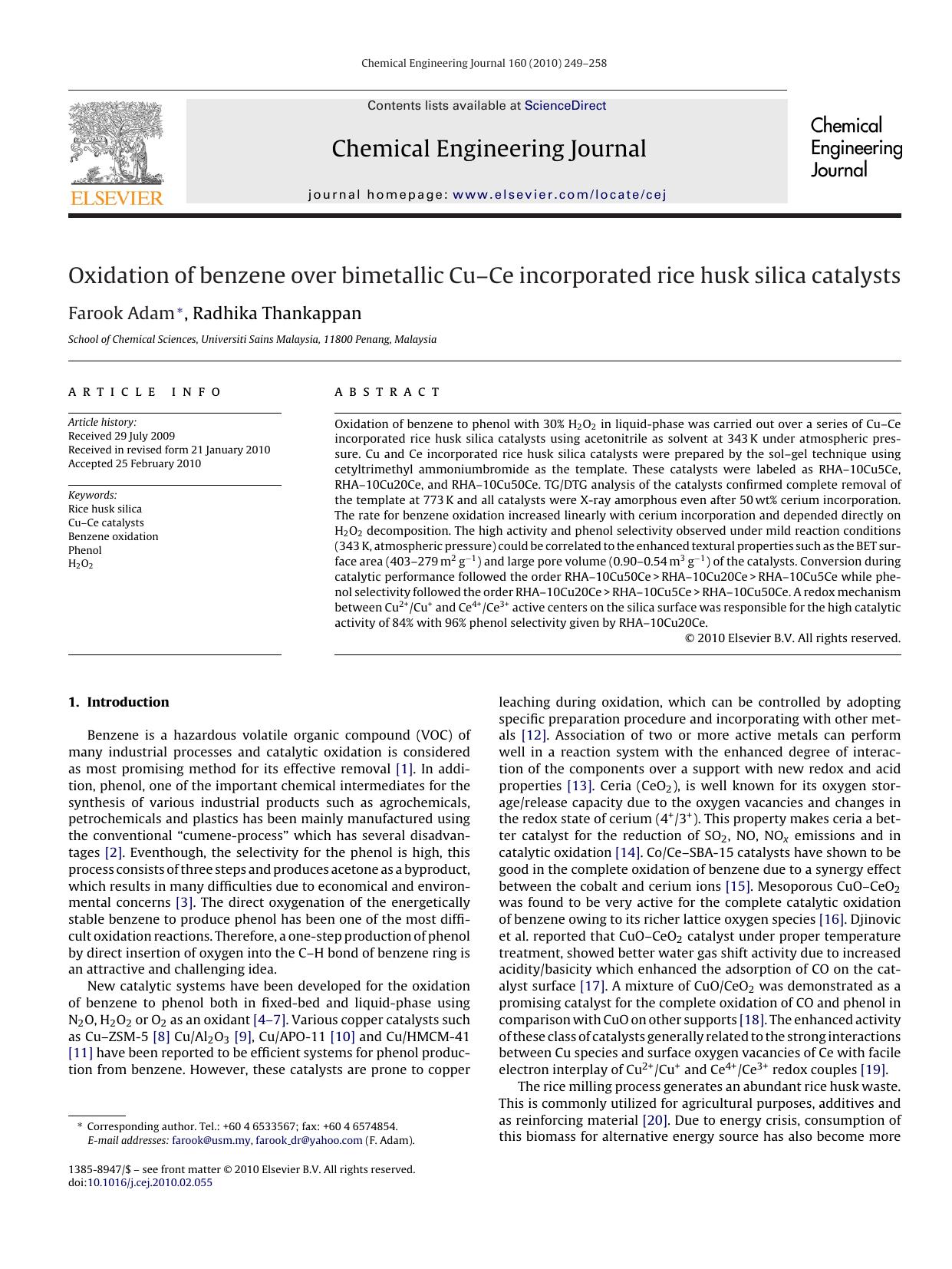 Oxidation of benzene over bimetallic CuÃ¢â¬âCe incorporated rice husk silica catalysts by Farook Adam; Radhika Thankappan