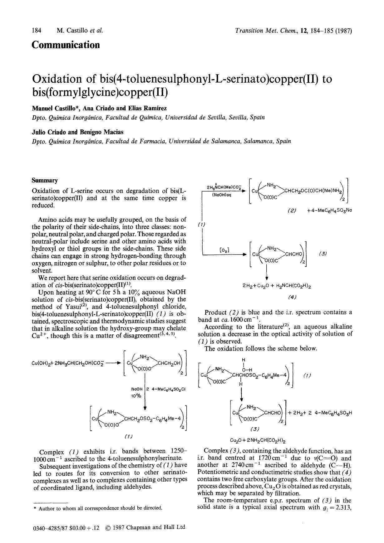 Oxidation of bis(4-toluenesulphonyl-L-serinato)copper(II) to bis(formylglycine)copper(II) by Unknown