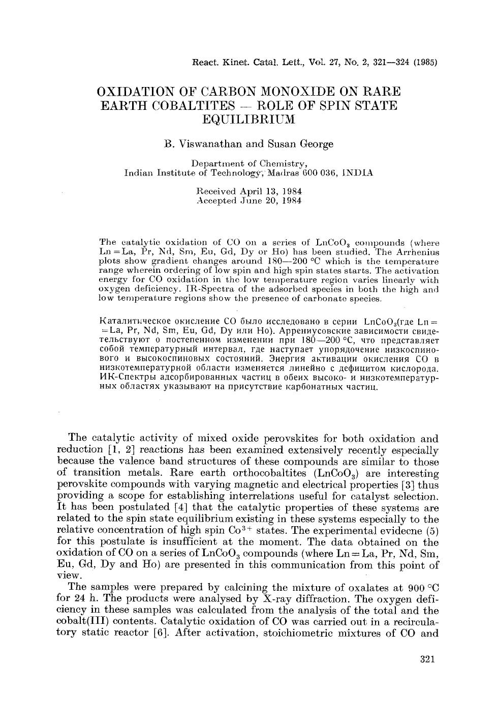 Oxidation of carbon monoxide on rare earth cobaltites &#x2014; Role of spin state equilibrium by Unknown
