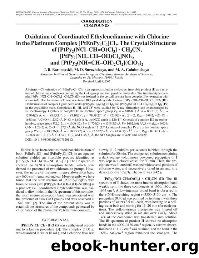 Oxidation of coordinated ethylenediamine with chlorine in the platinum complex [PtEnPy<Subscript>2<Subscript>C<Subscript>2<Subscript>]Cl<Subscript>2<Subscript>. The crystal structu by Unknown