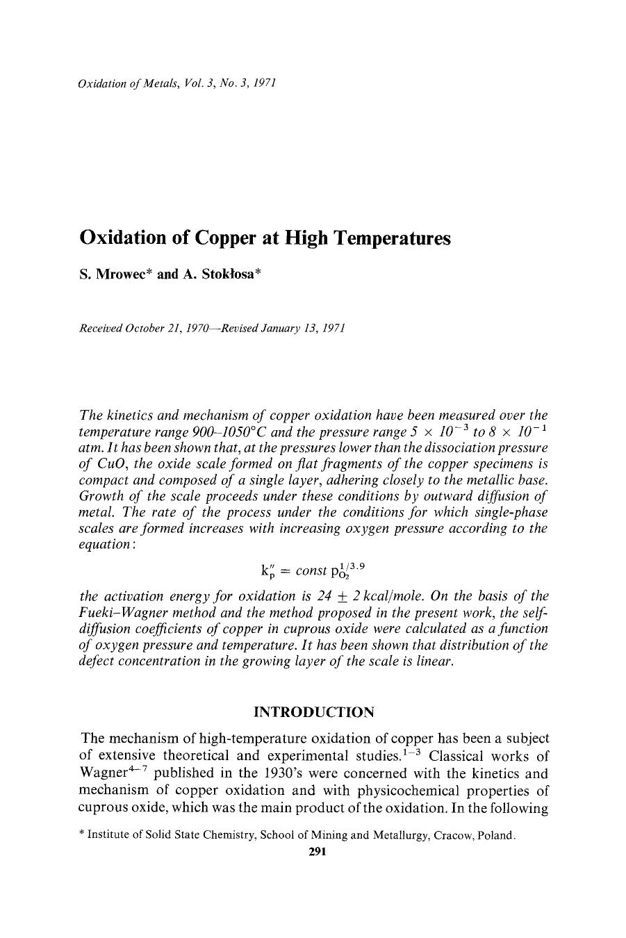 Oxidation of copper at high temperatures by Unknown