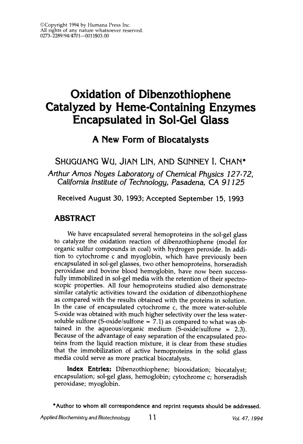 Oxidation of dibenzothiophene catalyzed by heme-containing enzymes encapsulated in sol-gel glass by Unknown