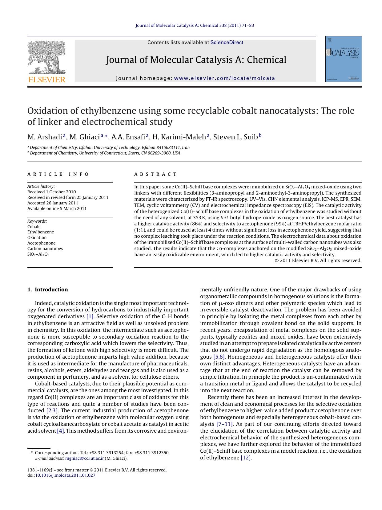 Oxidation of ethylbenzene using some recyclable cobalt nanocatalysts: The role of linker and electrochemical study by M. Arshadi