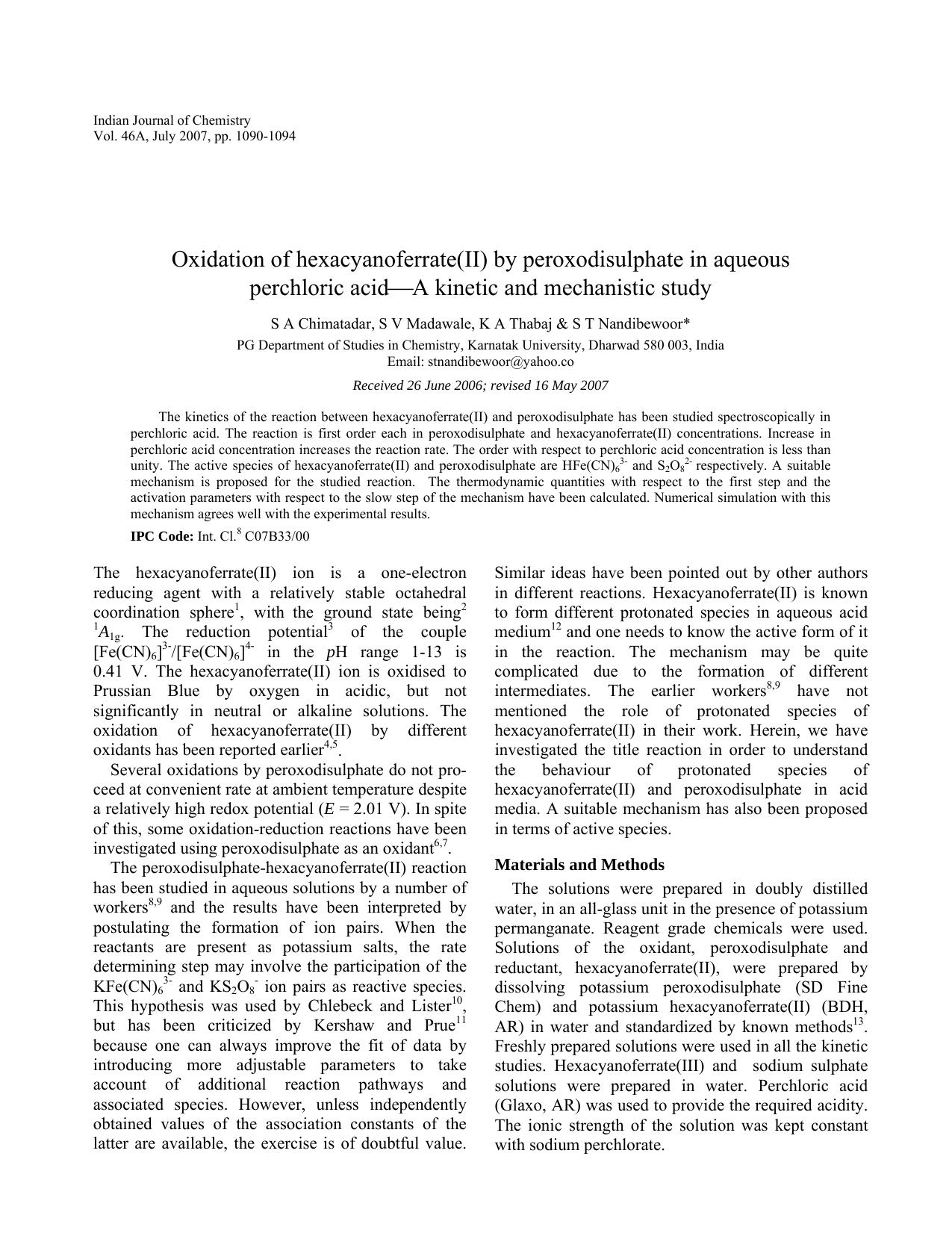 Oxidation of hexacyanoferrate(II) by peroxodisulphate in aqueous perchloric acid â A kinetic and mechanistic study by dk