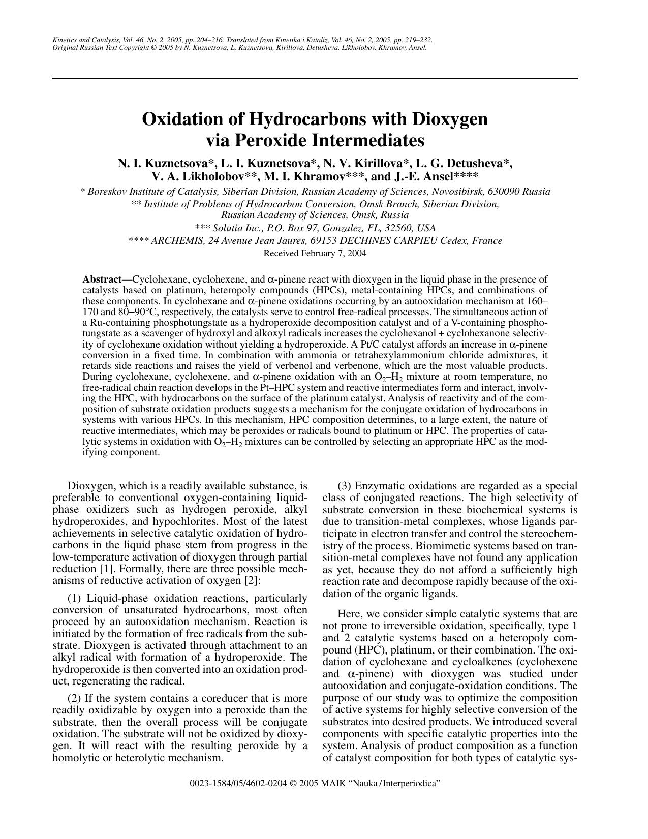 Oxidation of hydrocarbons with dioxygen via peroxide intermediates by Unknown