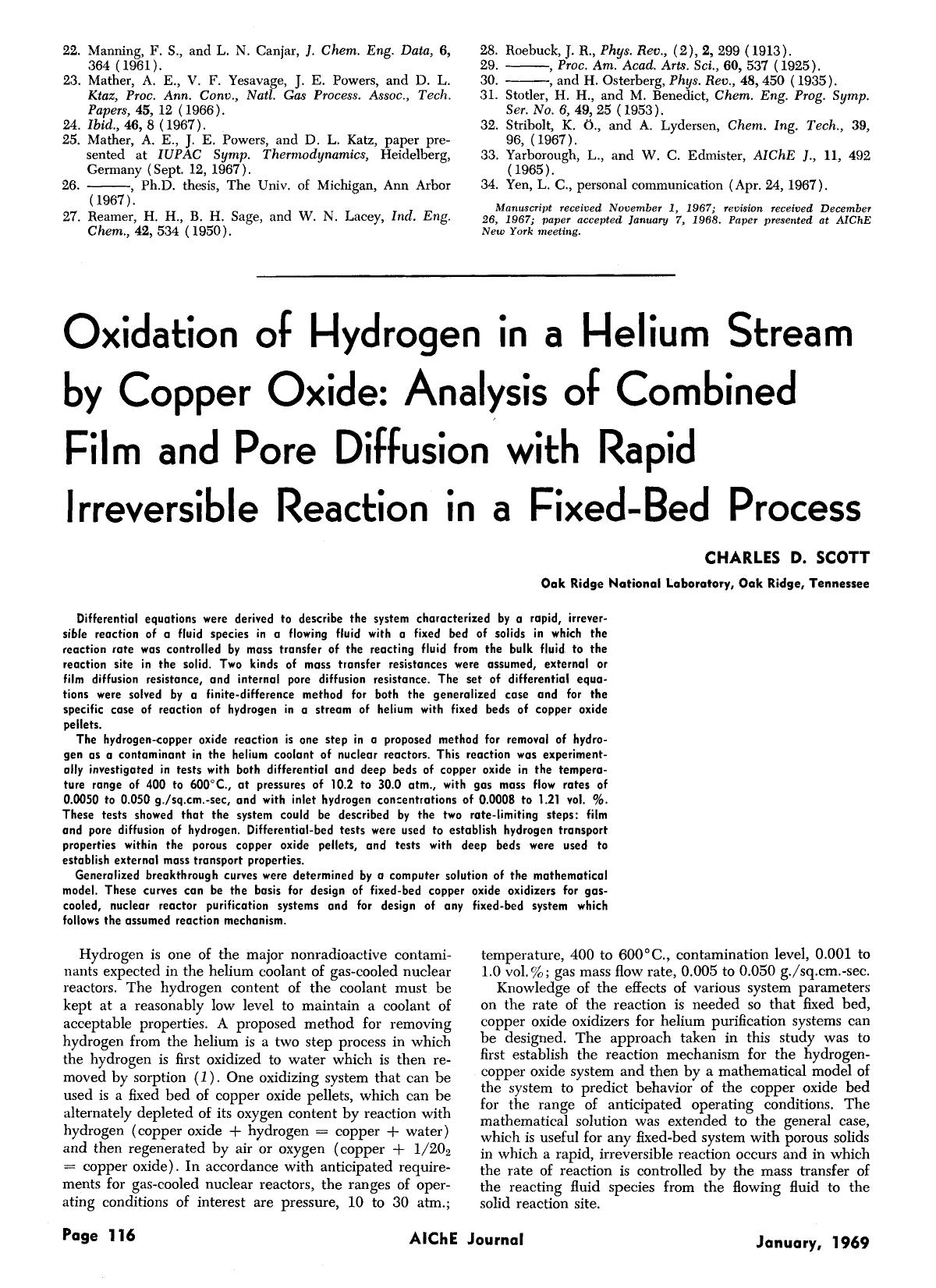 Oxidation of hydrogen in a helium stream by copper oxide: Analysis of combined film and pore diffusion with rapid irreversible reaction in a fixed-bed process by Unknown
