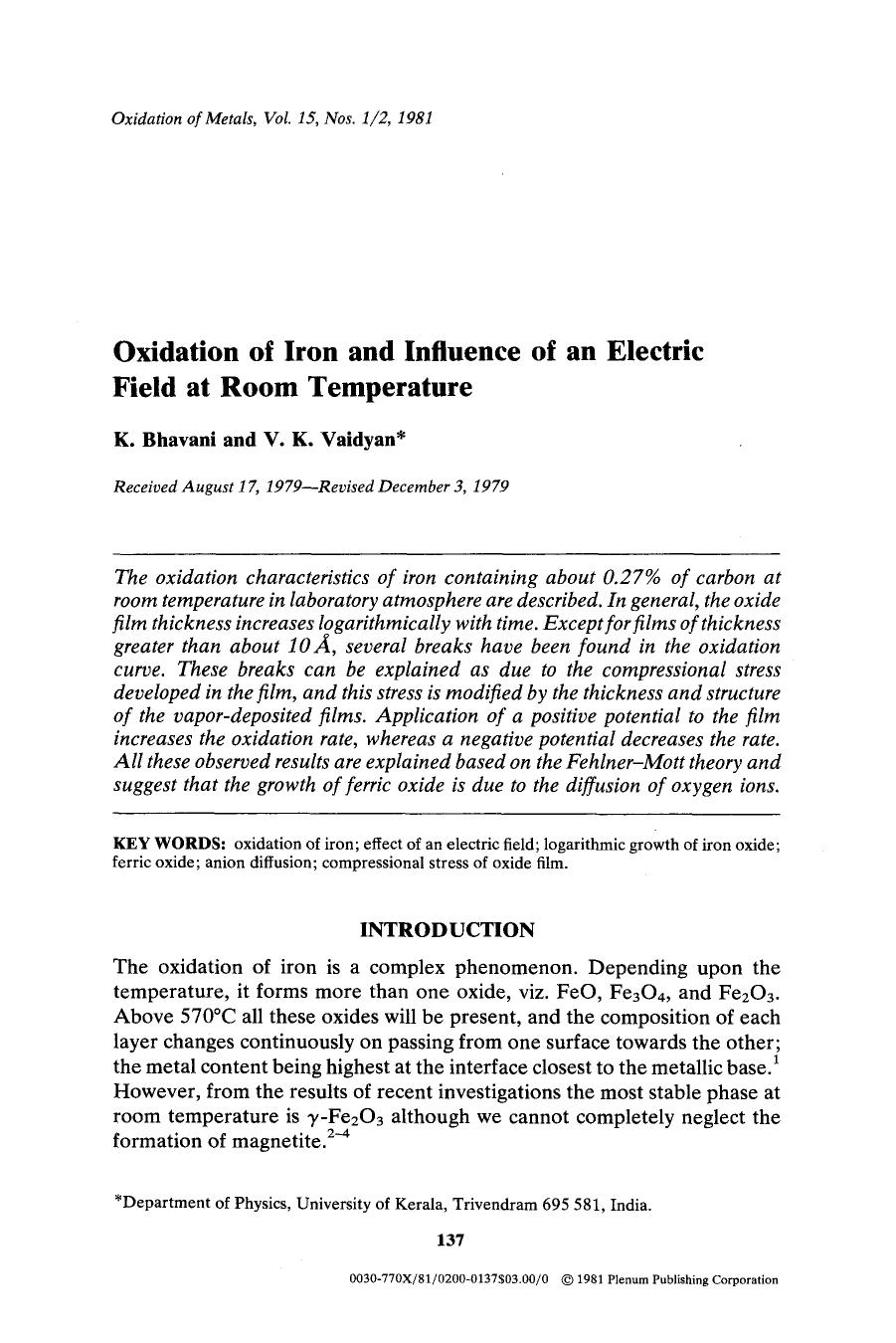 Oxidation of iron and influence of an electric field at room temperature by Unknown