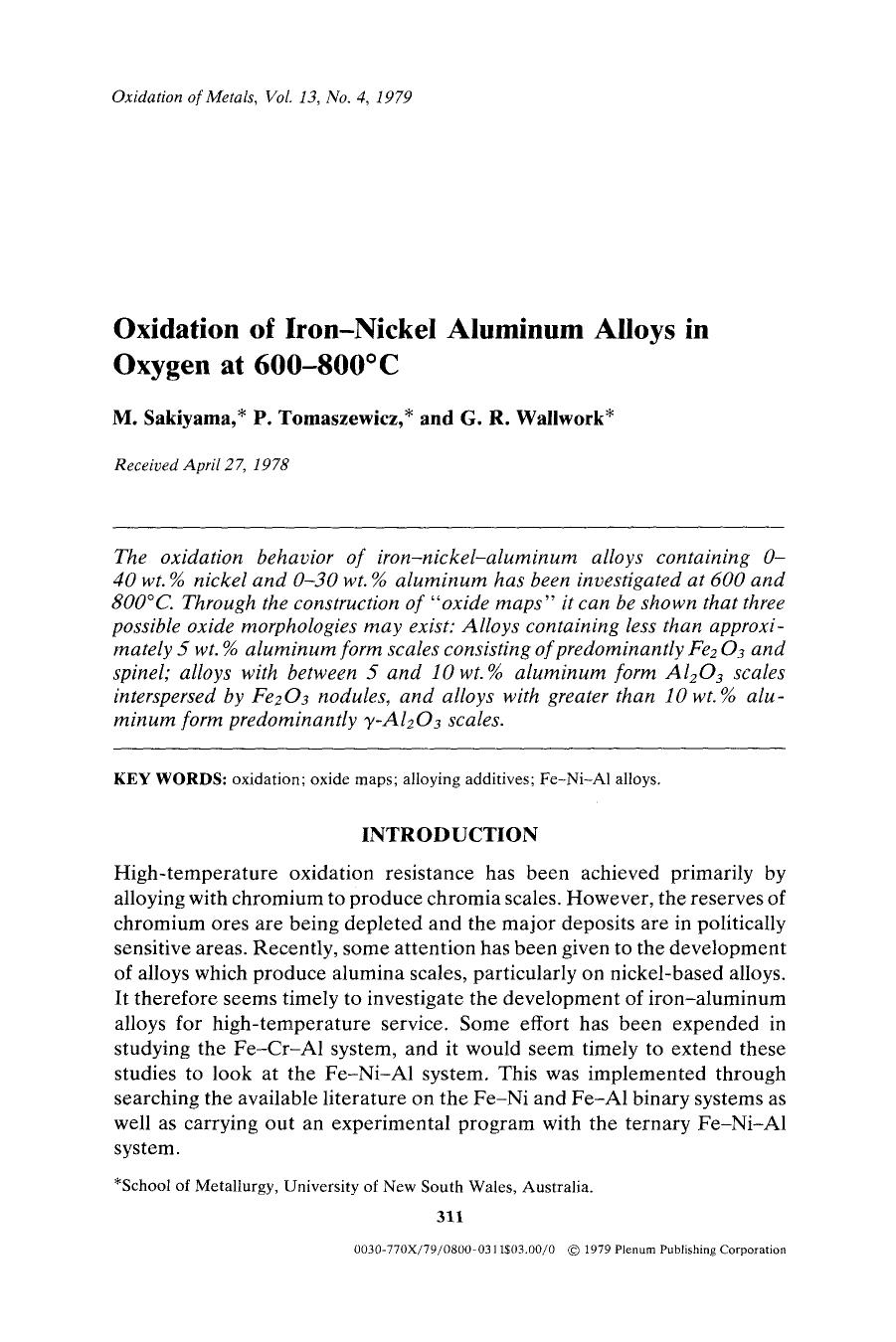 Oxidation of iron-nickel aluminum alloys in oxygen at 600&#x2013;800&#x00B0; C by Unknown