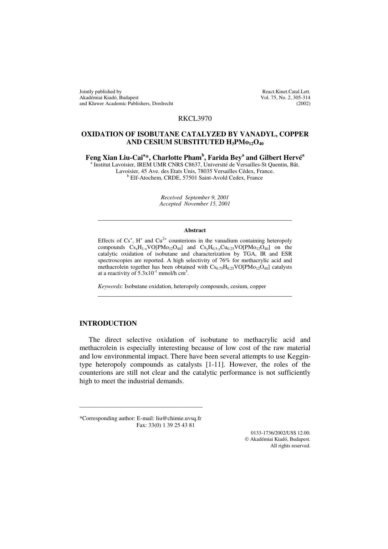 Oxidation of isobutane catalyzed by vanadyl, copper and cesium substituted H<Subscript>3<Subscript>PMo<Subscript>12<Subscript>O<Subscript>40<Subscript> by Unknown