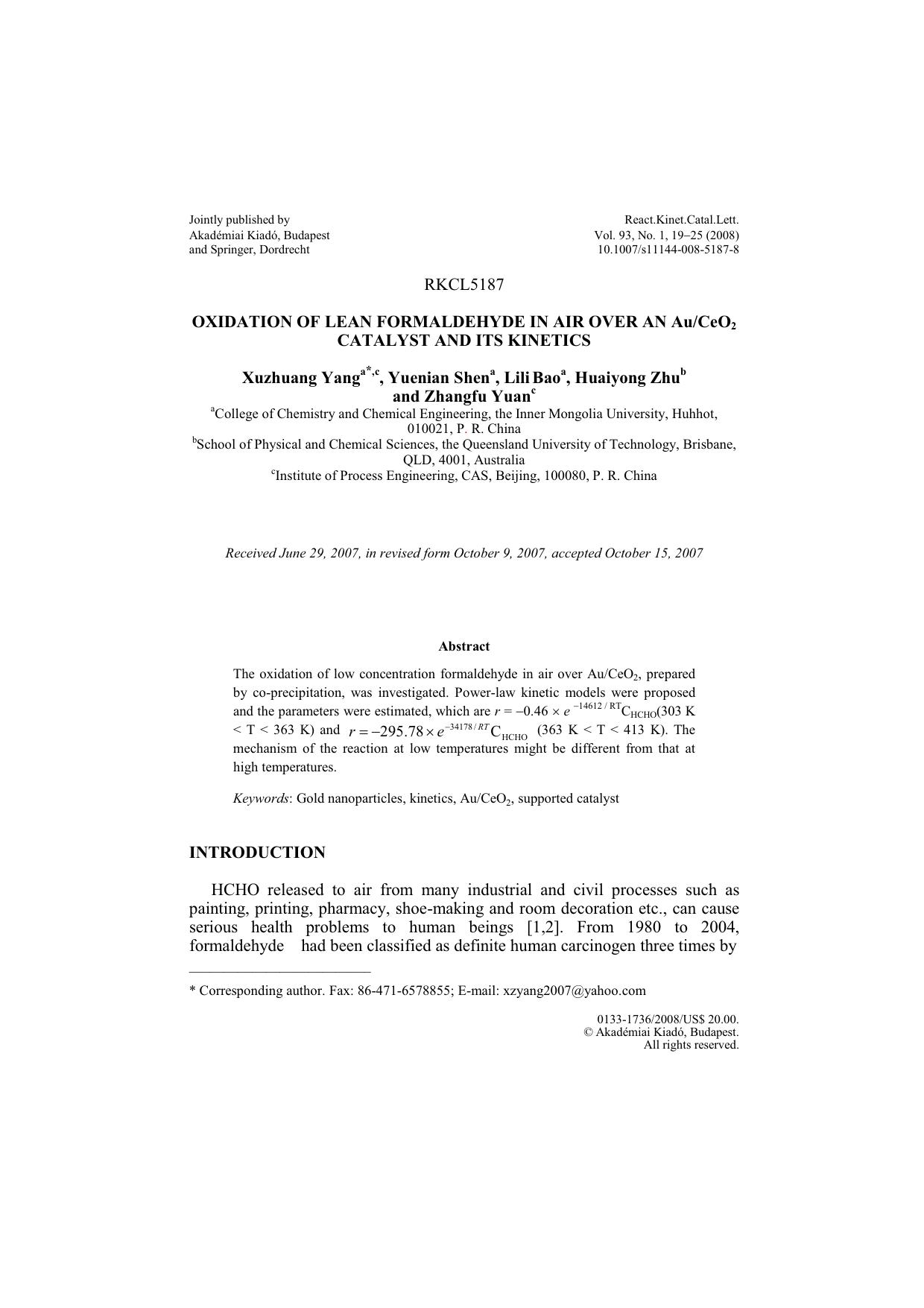 Oxidation of lean formaldehyde in air over an AuCeO<Subscript>2<Subscript> catalyst and its kinetics by Unknown