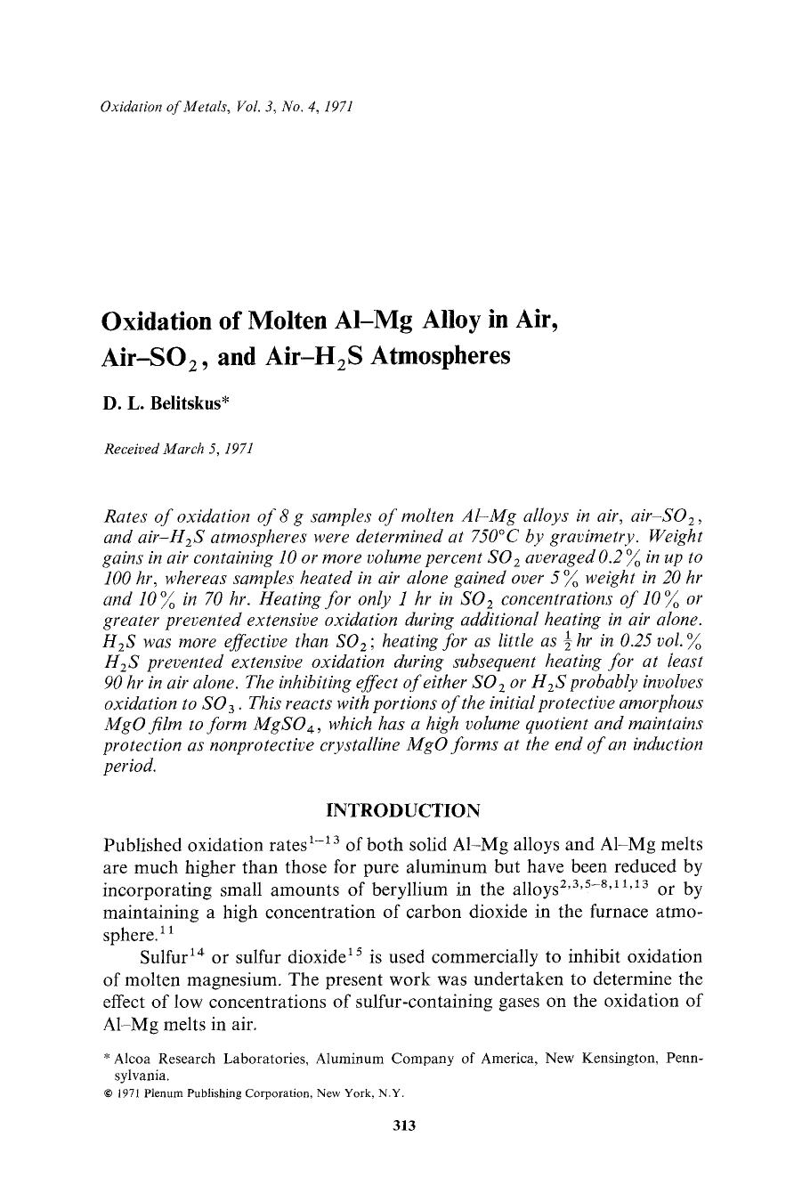 Oxidation of molten Al-Mg alloy in air, air-SO <Subscript>2 <Subscript>, and air-H <Subscript>2 <Subscript>S atmospheres by Unknown