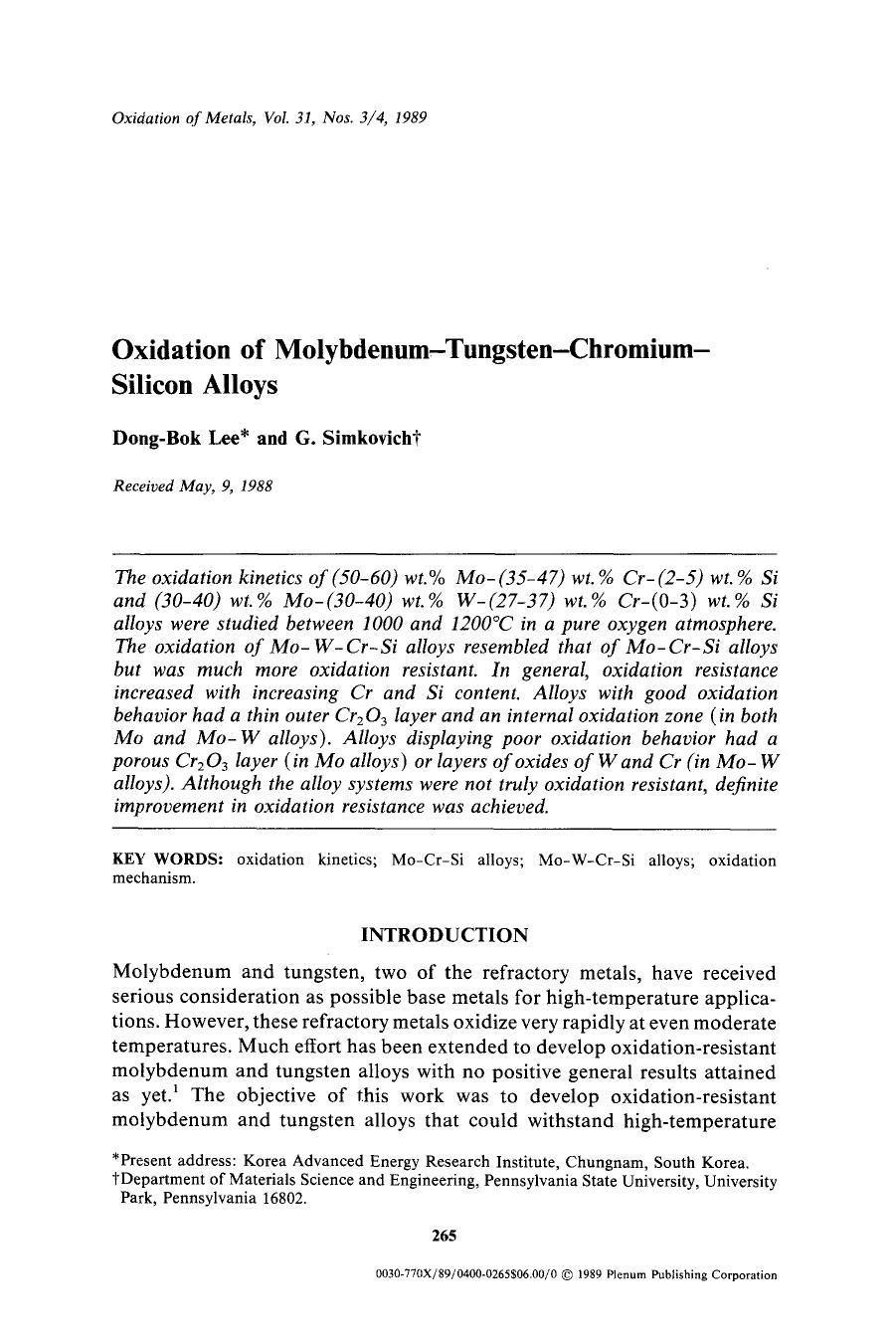 Oxidation of molybdenum-tungsten-chromium-silicon alloys by Unknown