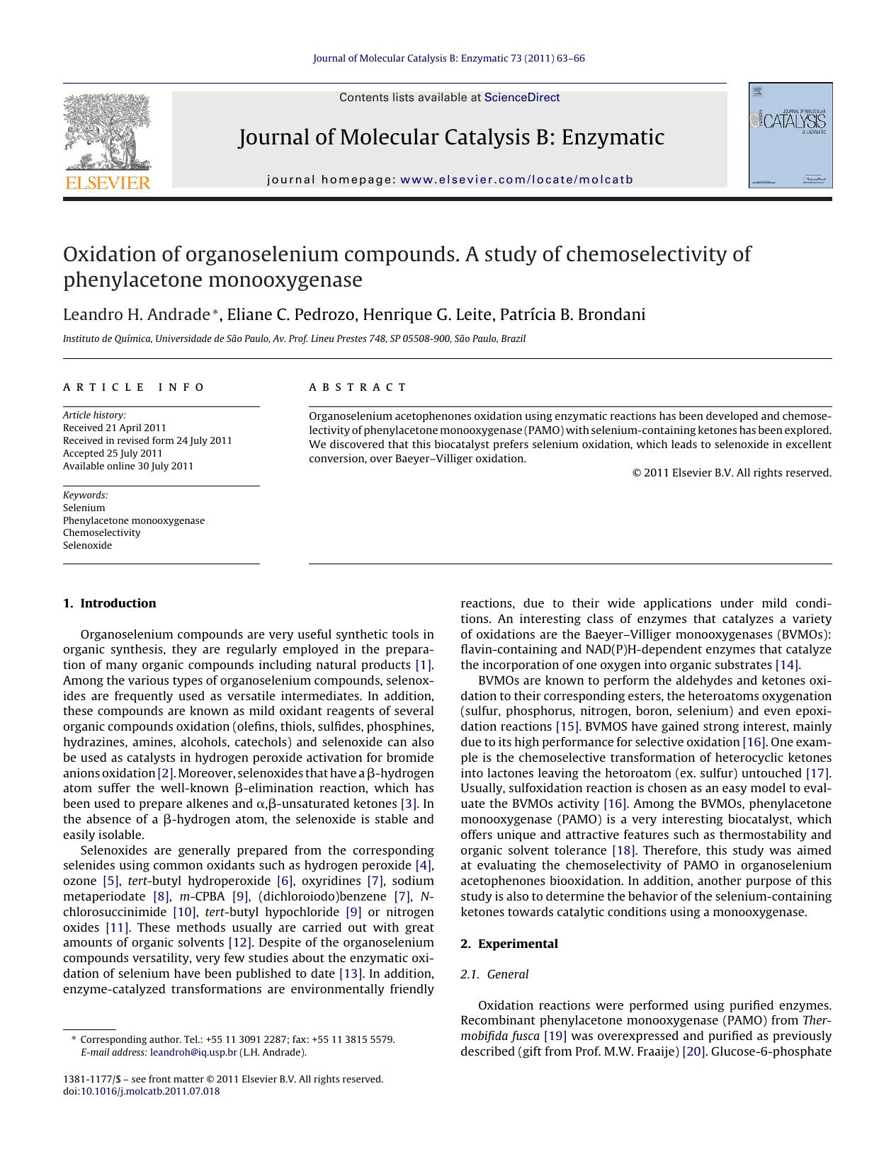 Oxidation of organoselenium compounds. A study of chemoselectivity of phenylacetone monooxygenase by Leandro H. Andrade