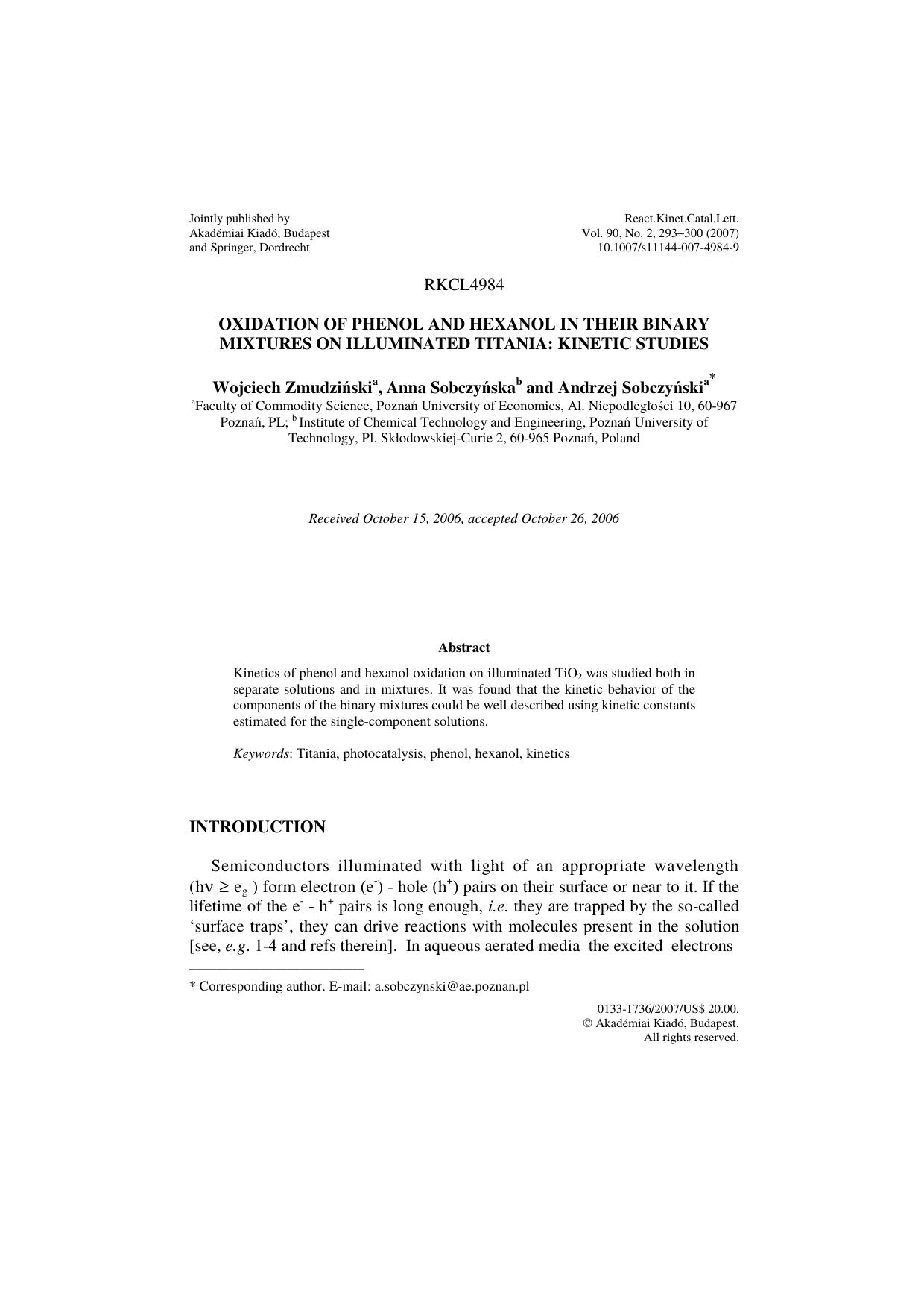 Oxidation of phenol and hexanol in their binary mixtures on illuminated titania: Kinetic studies by Unknown