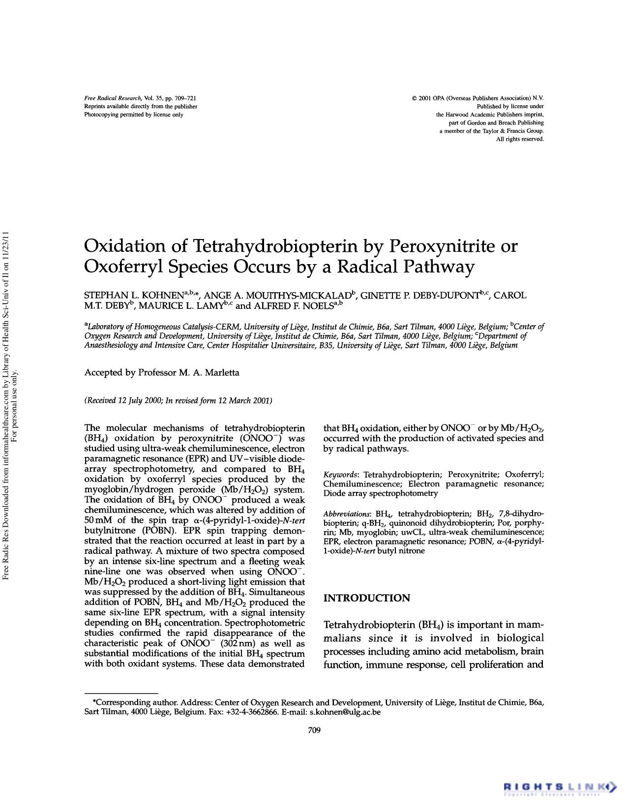 Oxidation of tetrahydrobiopterin by peroxynitrite or oxoferryl species occurs by a radical pathway by unknow