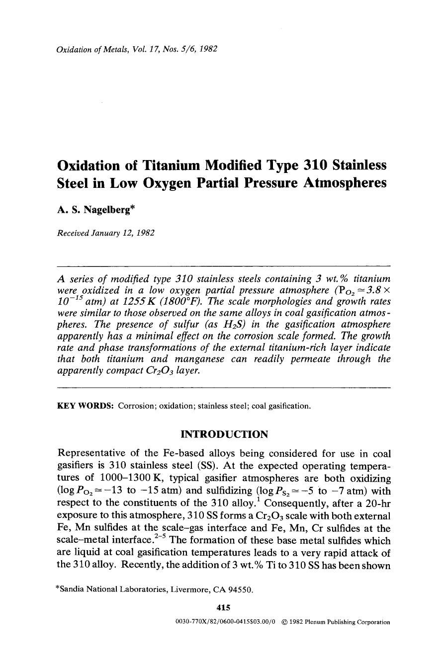 Oxidation of titanium modified type 310 stainless steel in low oxygen partial pressure atmospheres by Unknown