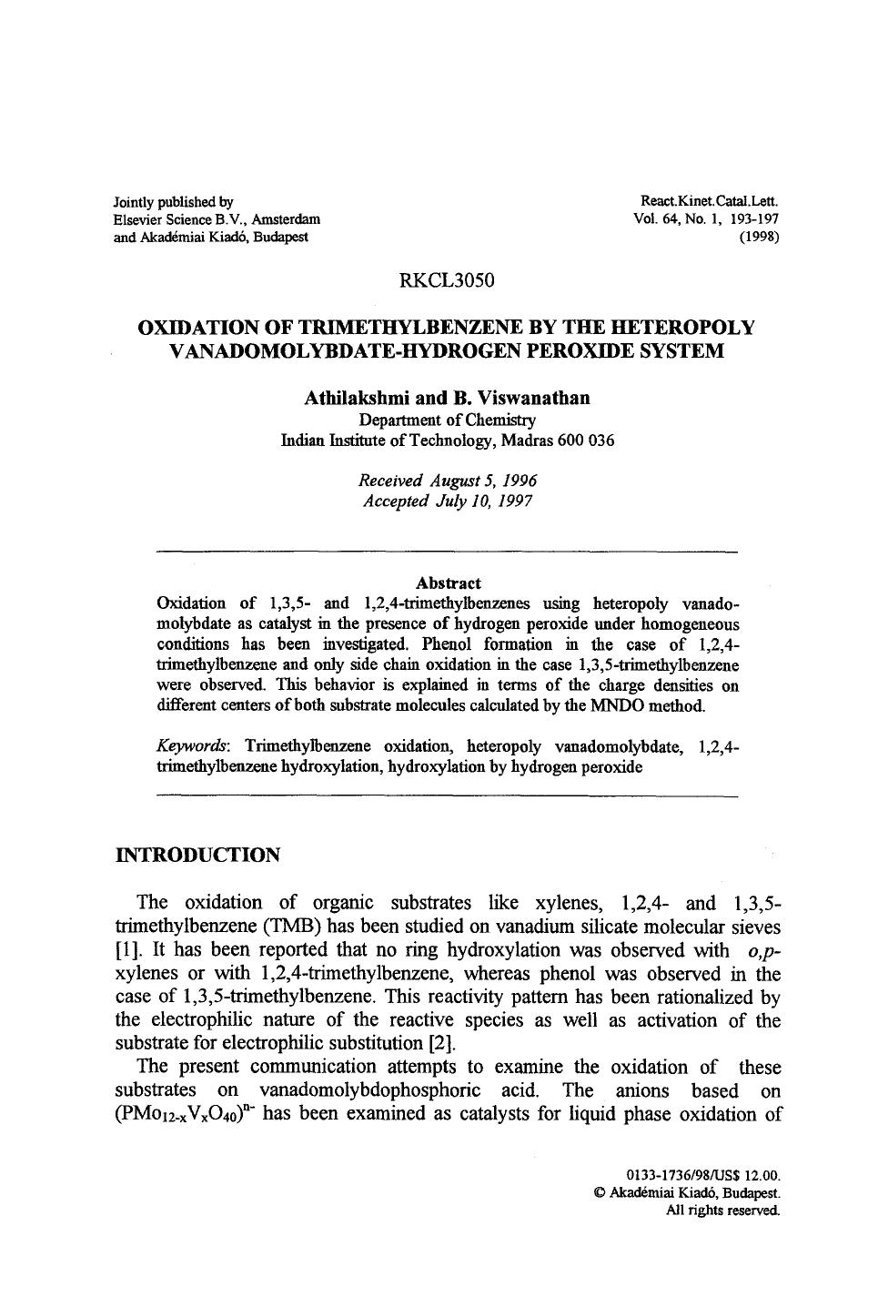 Oxidation of trimethylbenzene by the heteropoly vanadomolybdate-hydrogen peroxide system by Unknown