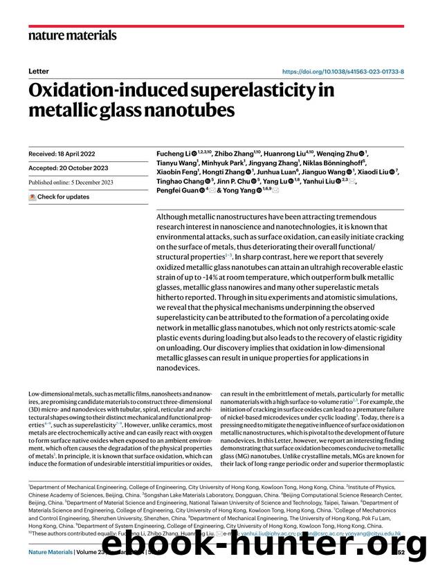Oxidation-induced superelasticity in metallic glass nanotubes by unknow