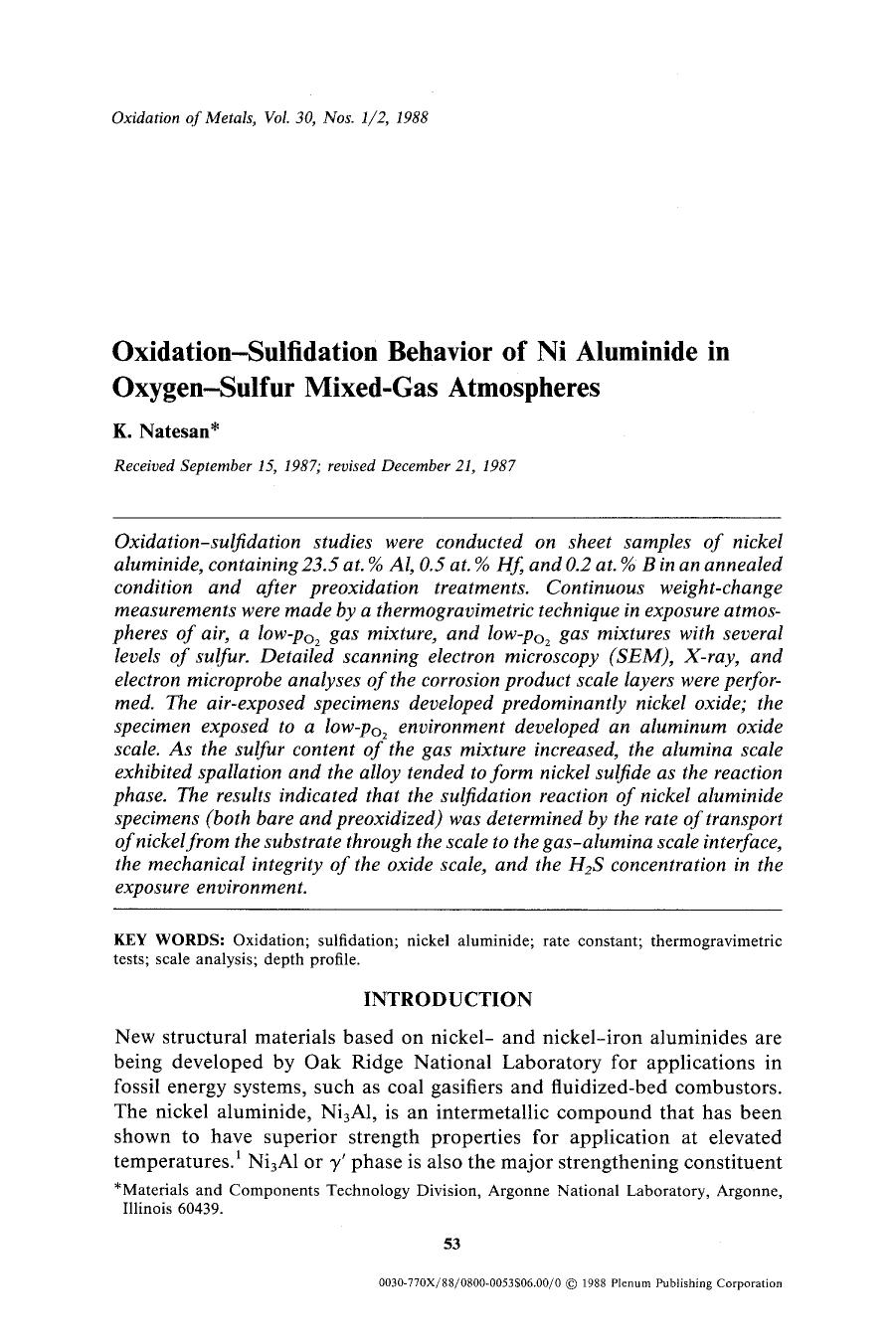 Oxidation-sulfidation behavior of Ni aluminide in oxygen-sulfur mixed-gas atmospheres by Unknown