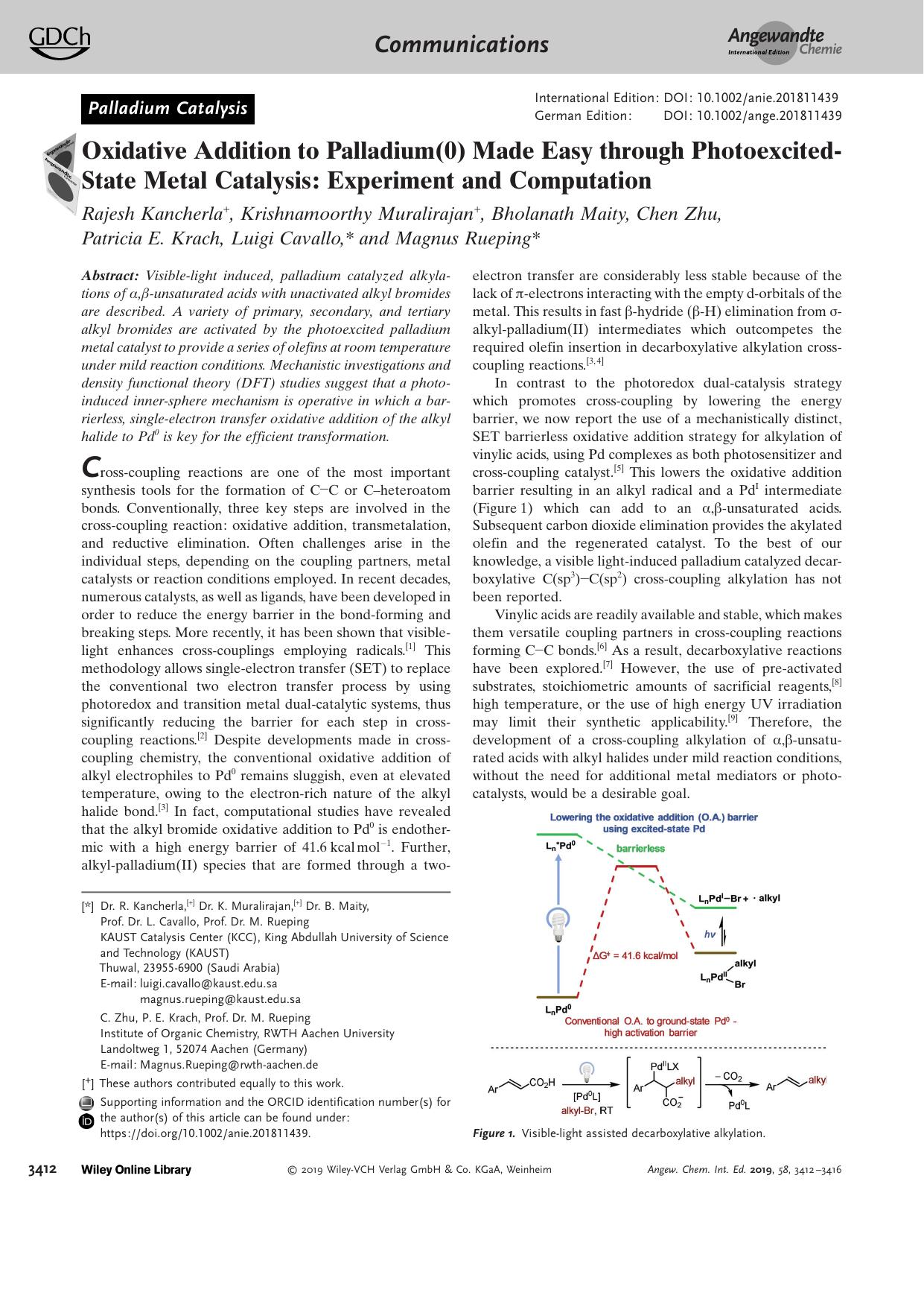 Oxidative Addition to Palladium(0) Made Easy through PhotoexcitedâState Metal Catalysis: Experiment and Computation by Unknown