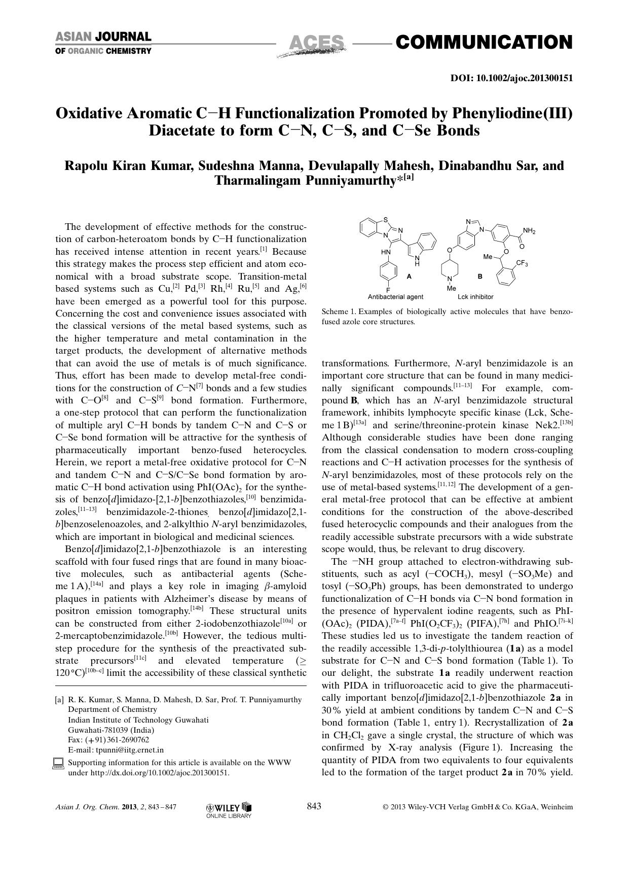 Oxidative Aromatic CH Functionalization Promoted by Phenyliodine(III) Diacetate to form CN, CS, and CSe Bonds by Unknown