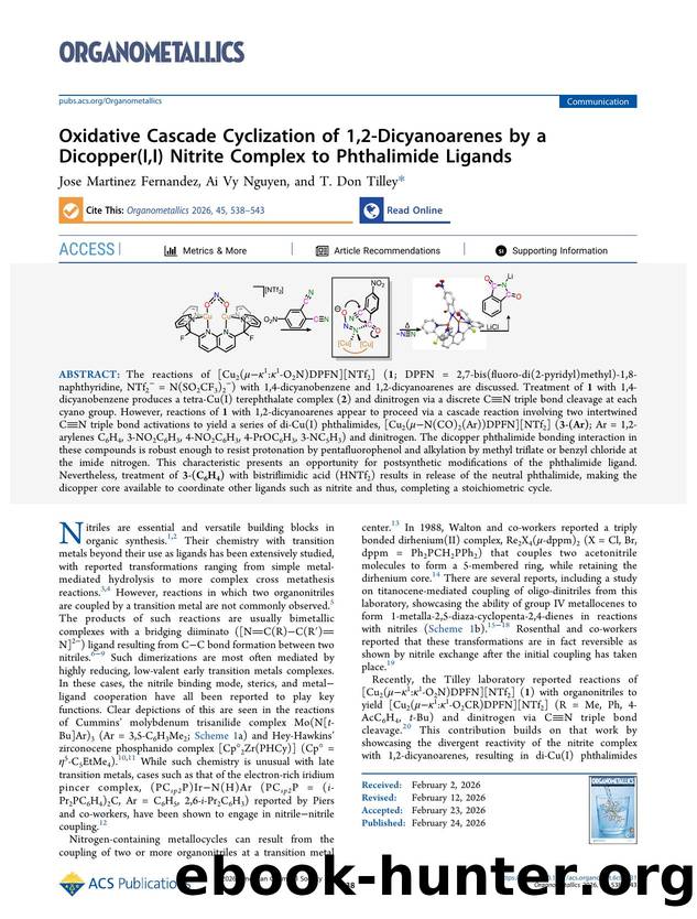 Oxidative Cascade Cyclization of 1,2-Dicyanoarenes by a Dicopper(I,I) Nitrite Complex to Phthalimide Ligands by Jose Martinez Fernandez Ai Vy Nguyen and T. Don Tilley