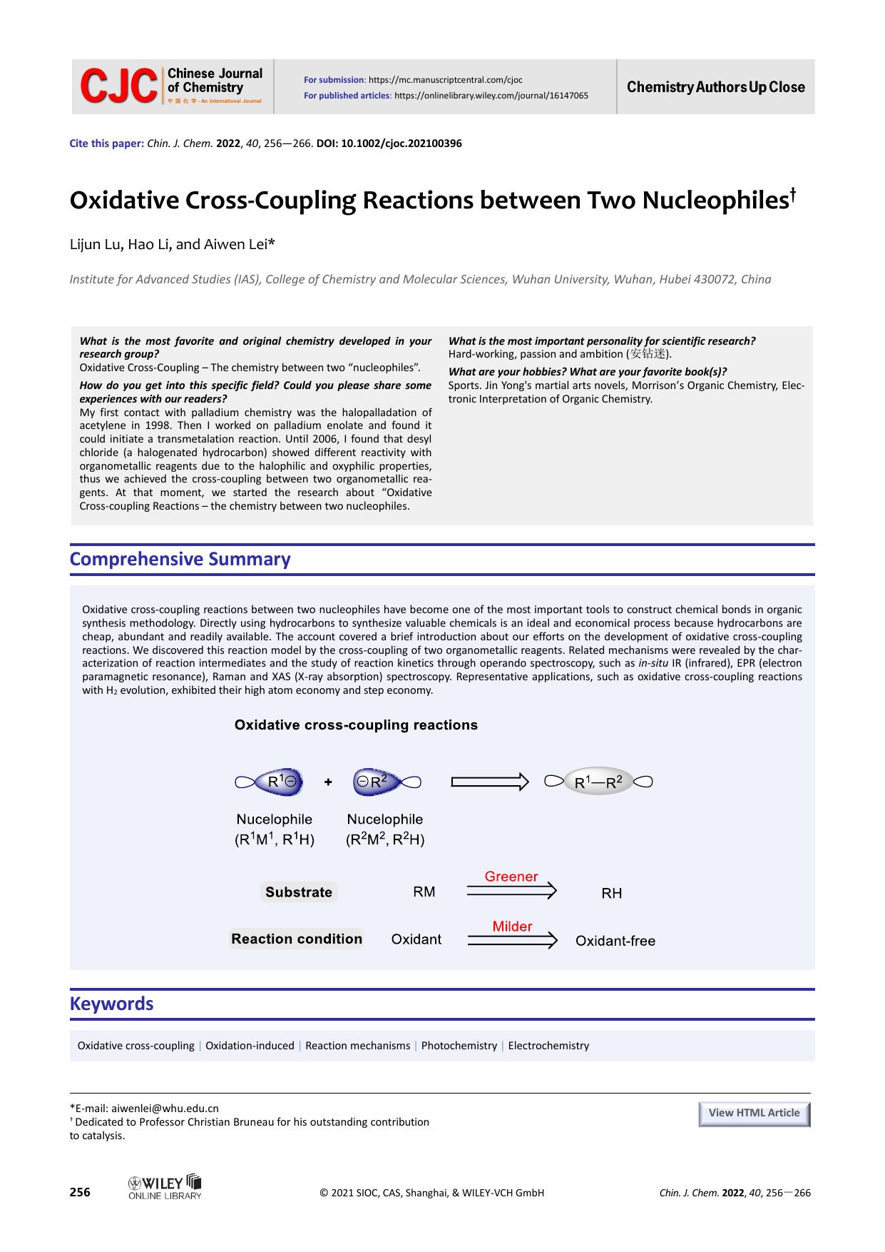 Oxidative Cross-Coupling Reactions between Two Nucleophiles by 陈小蕾