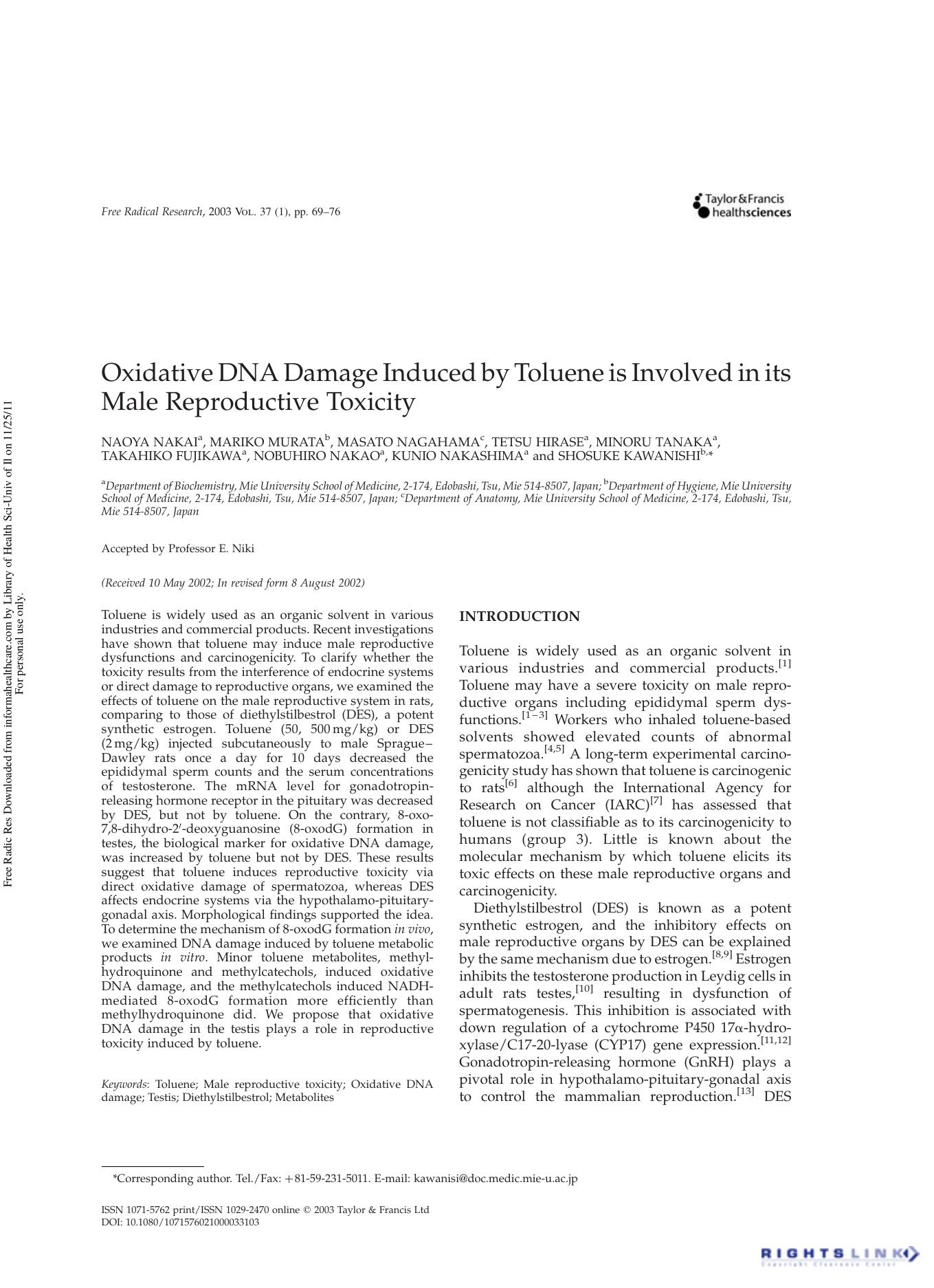 Oxidative DNA Damage Induced by Toluene is Involved in its Male Reproductive Toxicity by unknow