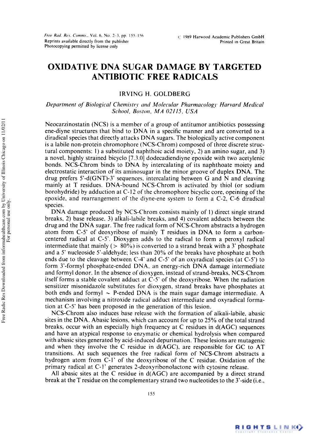 Oxidative DNA Sugar Damage by Targeted Antibiotic Free Radicals by Irving H. Goldberg