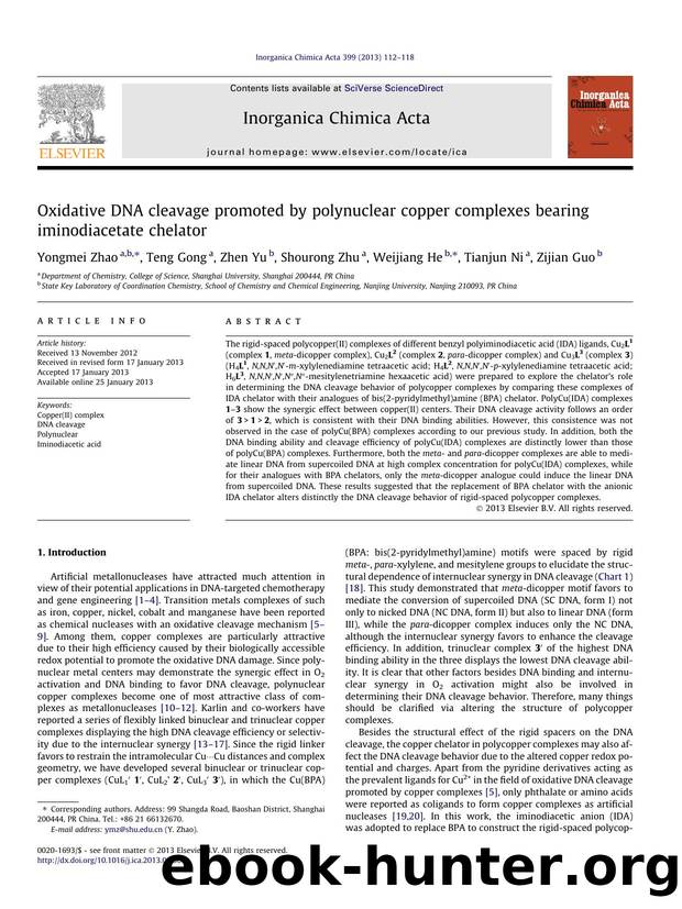 Oxidative DNA cleavage promoted by polynuclear copper complexes bearing iminodiacetate chelator by Yongmei Zhao & Teng Gong & Zhen Yu & Shourong Zhu & Weijiang He & Tianjun Ni & Zijian Guo