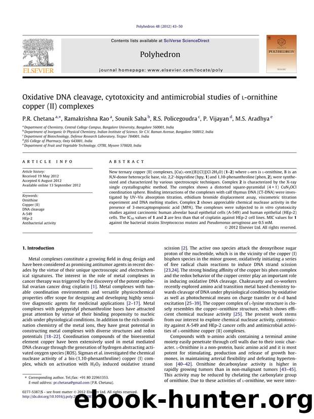 Oxidative DNA cleavage, cytotoxicity and antimicrobial studies of l-ornithine copper (II) complexes by P.R. Chetana & Ramakrishna Rao & Sounik Saha & R.S. Policegoudra & P. Vijayan & M.S. Aradhya