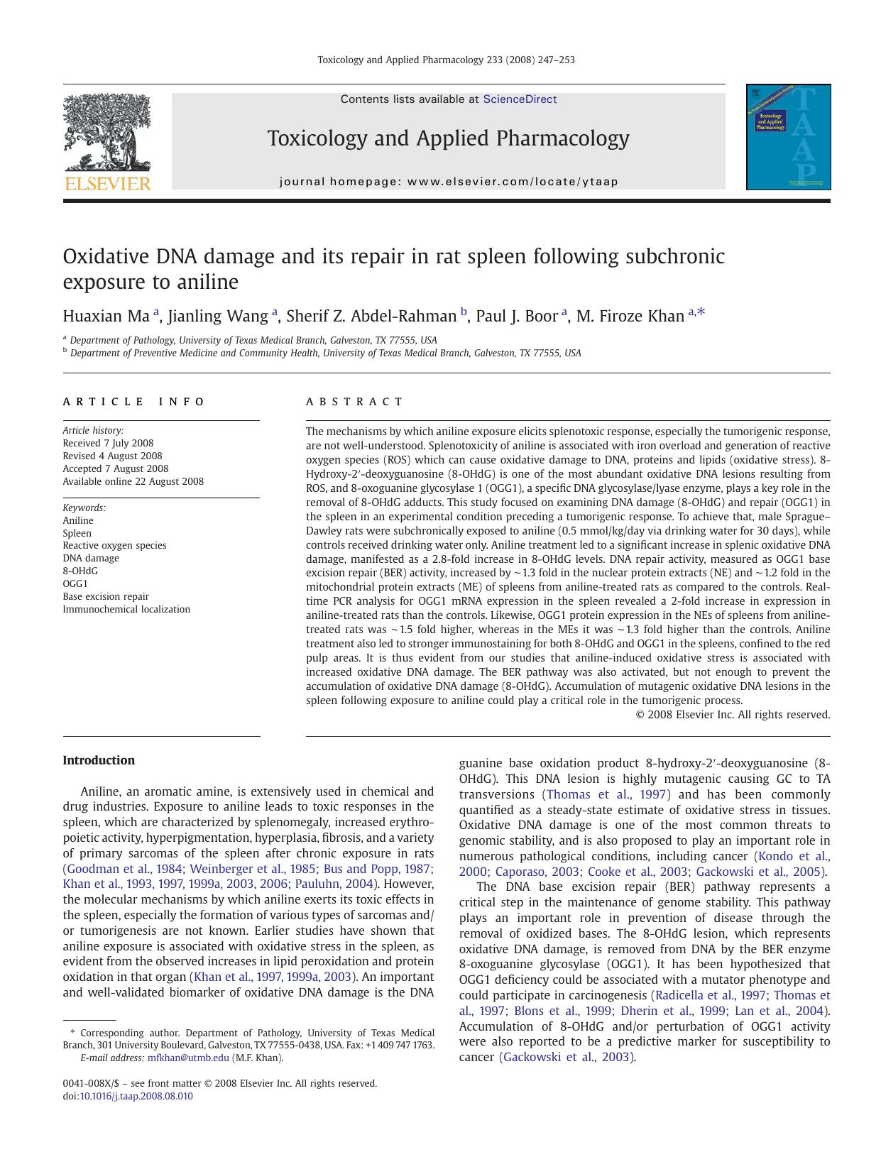 Oxidative DNA damage and its repair in rat spleen following subchronic exposure to aniline by Huaxian Ma; Jianling Wang; Sherif Z. Abdel-Rahman; Paul J. Boor; M. Firoze Khan