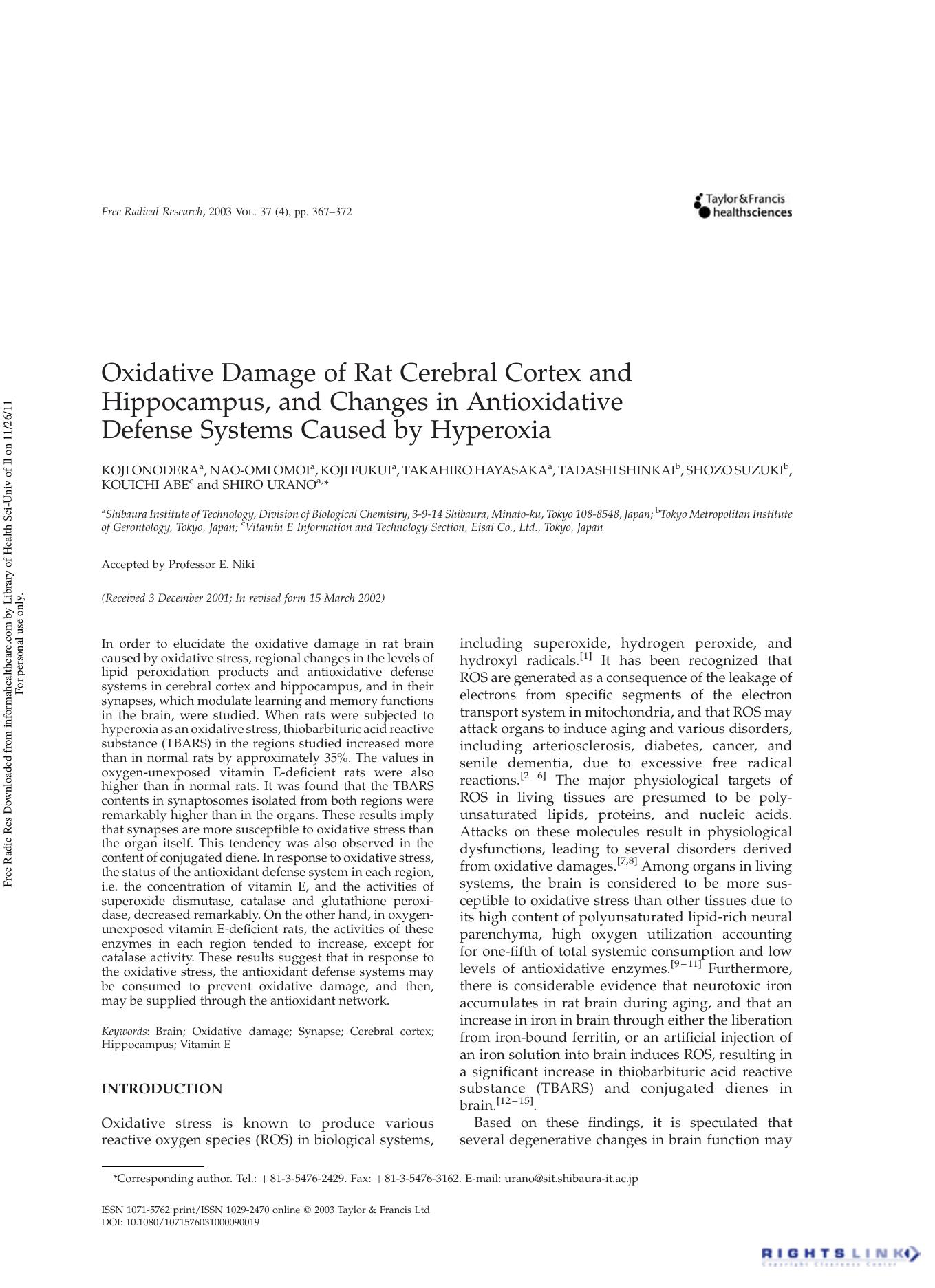 Oxidative Damage of Rat Cerebral Cortex and Hippocampus, and Changes in Antioxidative Defense Systems Caused by Hyperoxia by unknow