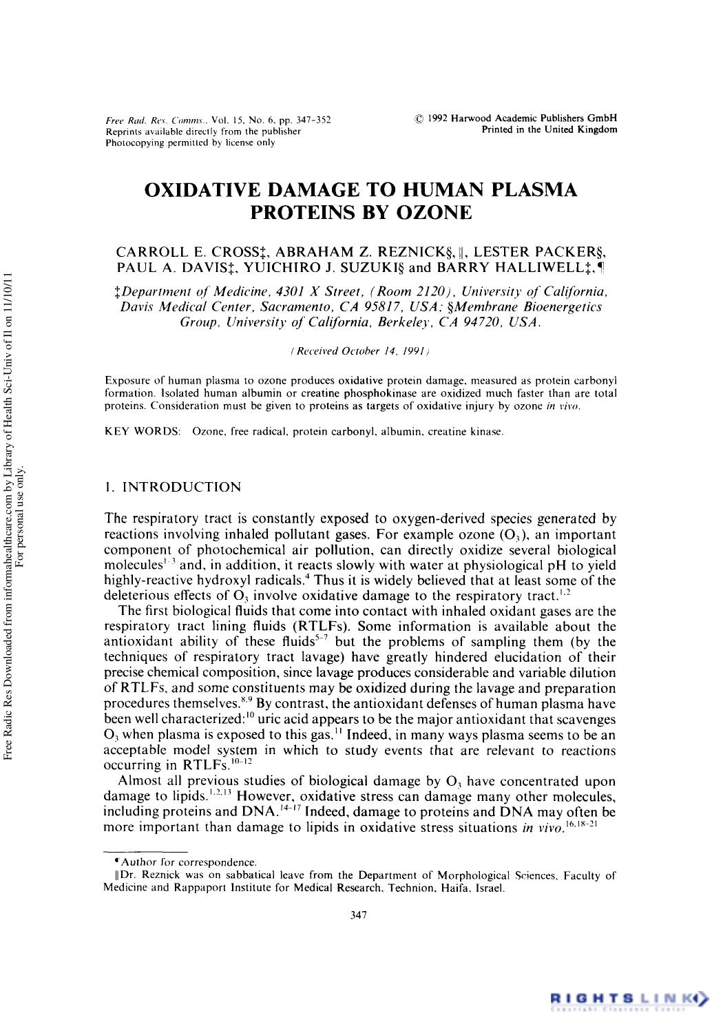 Oxidative Damage to Human Plasma Proteins by Ozone by unknow