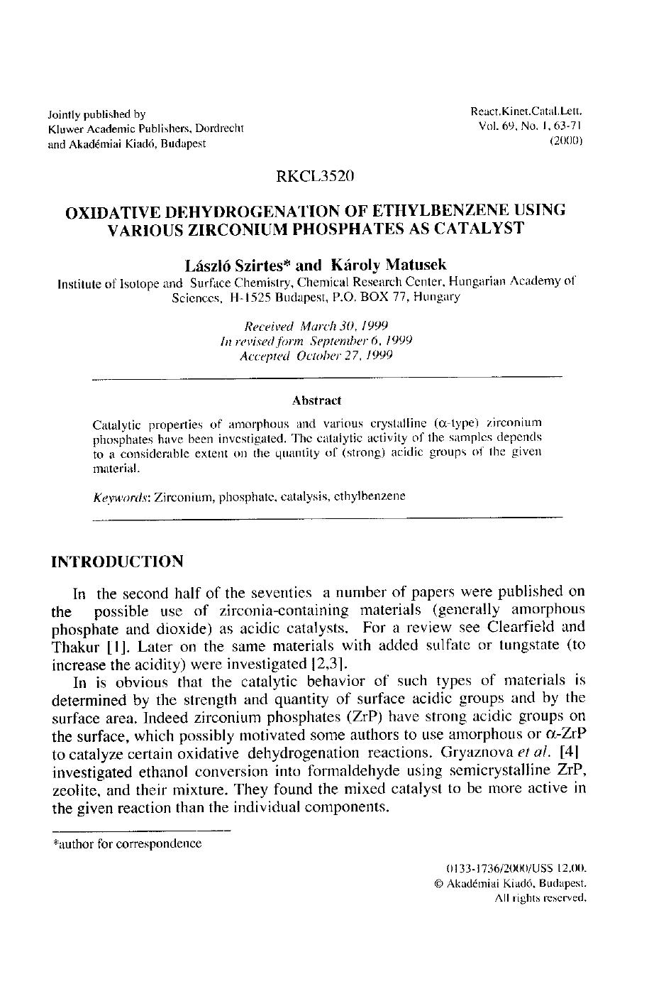 Oxidative Dehydrogenation of Ethylbenzene Using Various Zirconium Phosphates as Catalyst by Unknown
