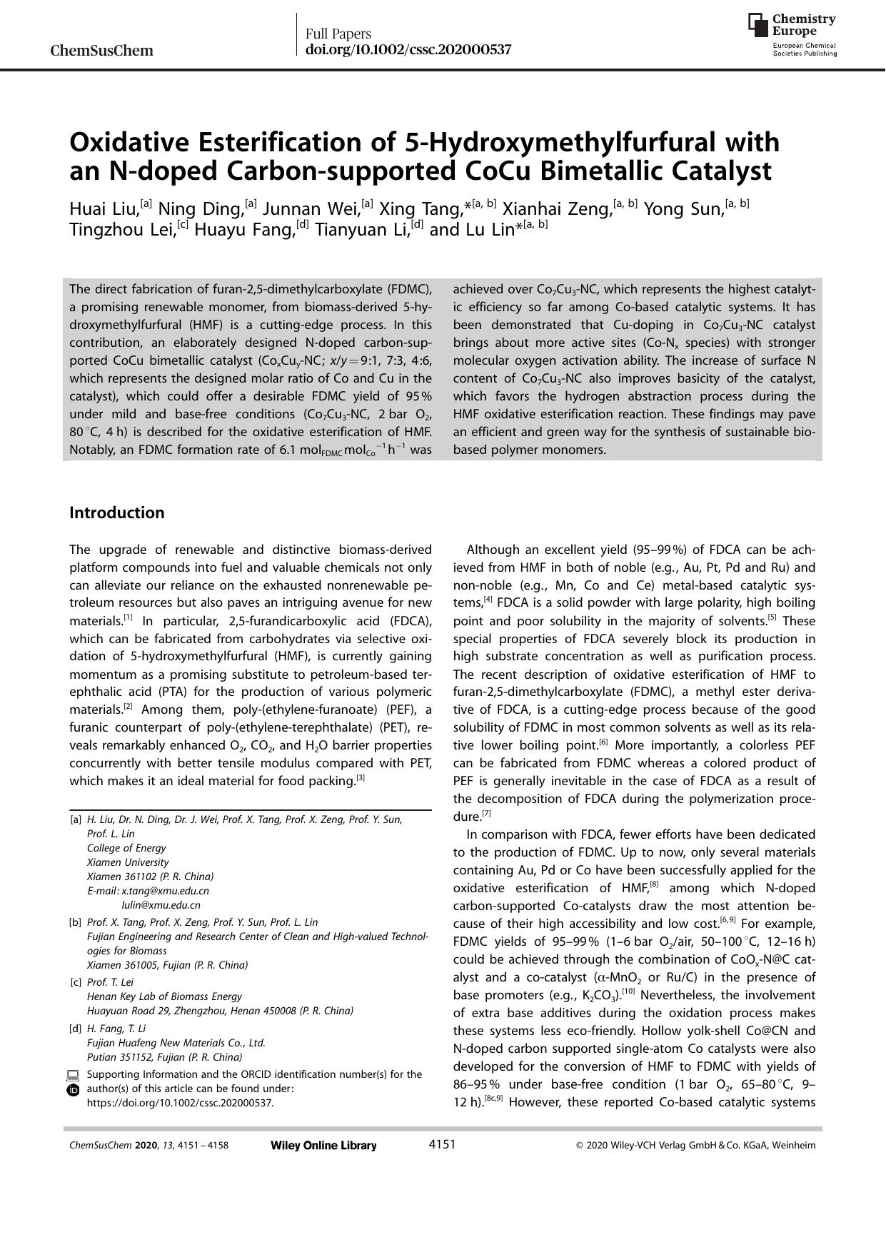 Oxidative Esterification of 5âHydroxymethylfurfural with an Nâdoped Carbonâsupported CoCu Bimetallic Catalyst by Unknown