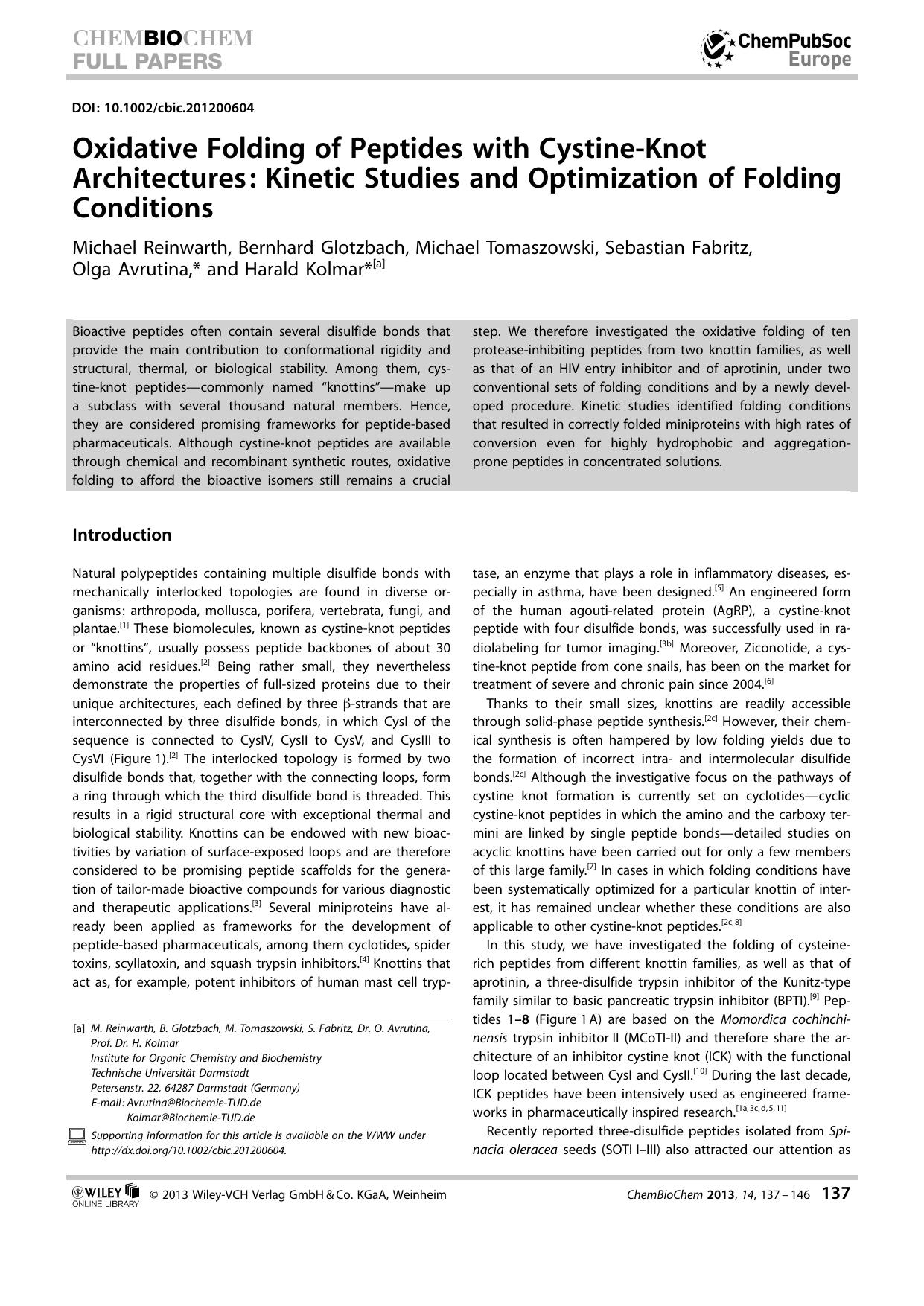 Oxidative Folding of Peptides with CystineKnot Architectures: Kinetic Studies and Optimization of Folding Conditions by Unknown
