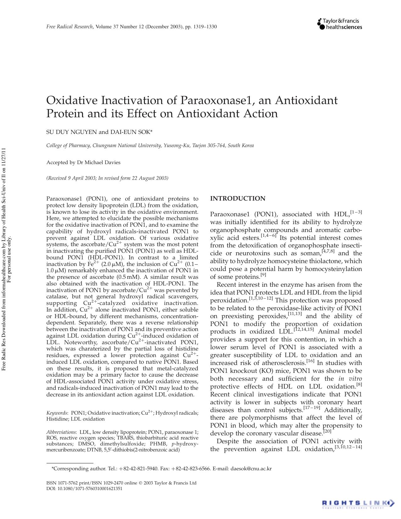 Oxidative Inactivation of Paraoxonase1, an Antioxidant Protein and its Effect on Antioxidant Action by Su Duy Nguyen & Dai-Eun Sok