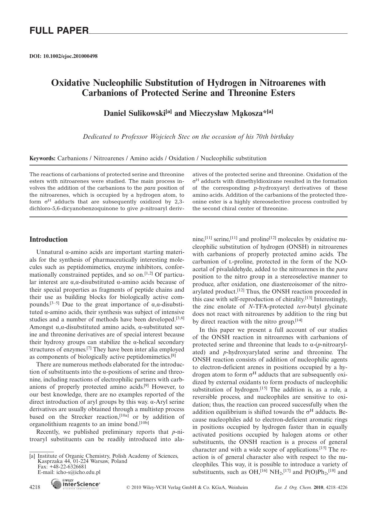 Oxidative Nucleophilic Substitution of Hydrogen in Nitroarenes with Carbanions of Protected Serine and Threonine Esters by Unknown