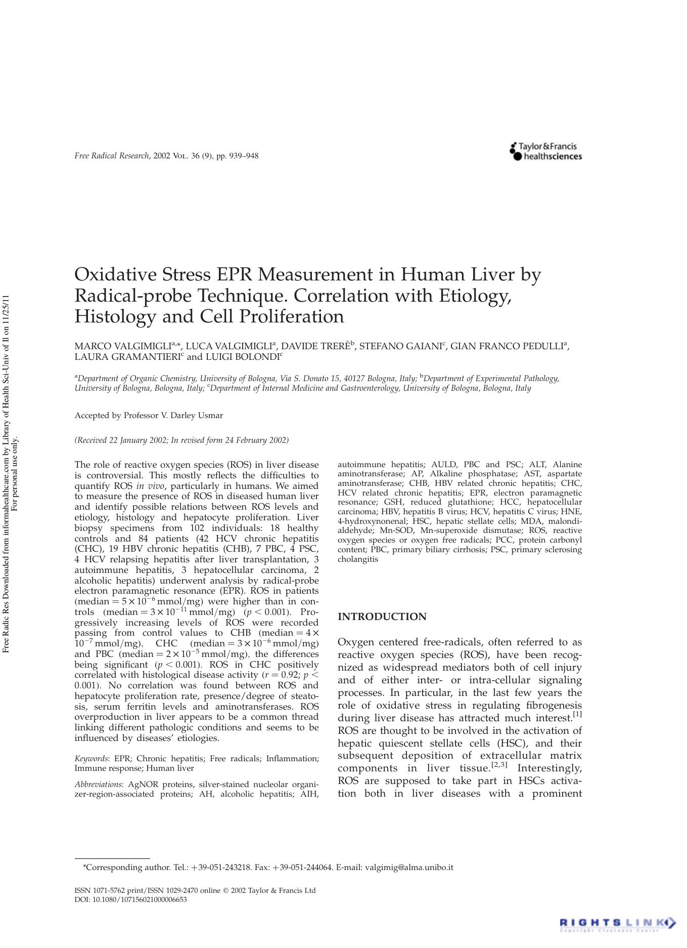 Oxidative Stress EPR Measurement in Human Liver by Radical-probe Technique. Correlation with Etiology, Histology and Cell Proliferation by unknow