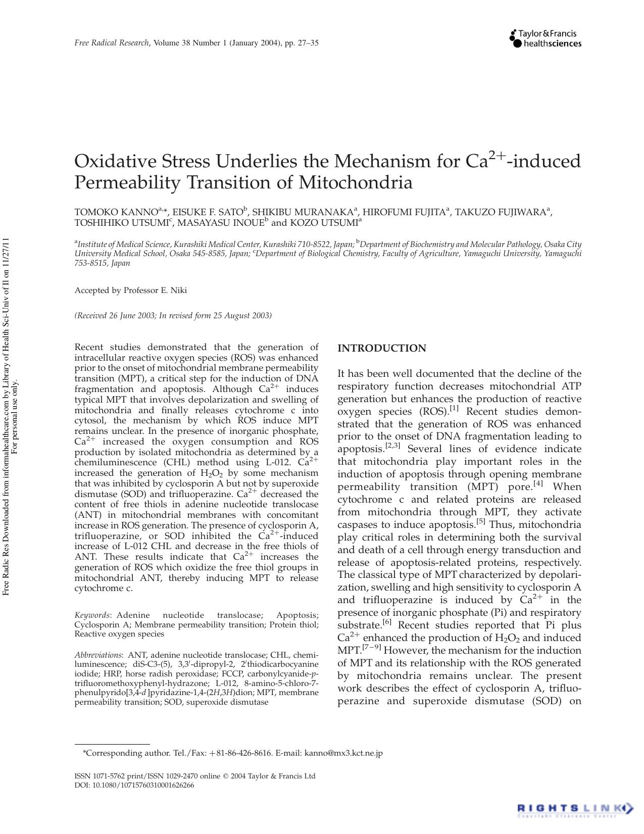 Oxidative Stress Underlies the Mechanism for Ca2+-induced Permeability Transition of Mitochondria by unknow