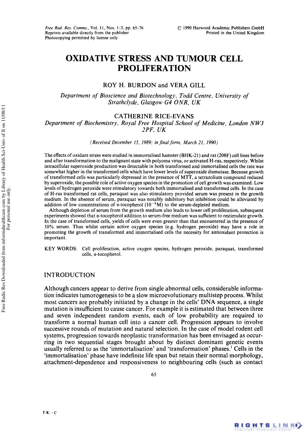Oxidative Stress and Tumour Cell Proliferation by Roy H. Burdon1 Vera Gill1 & Catherine Rice-Evans2