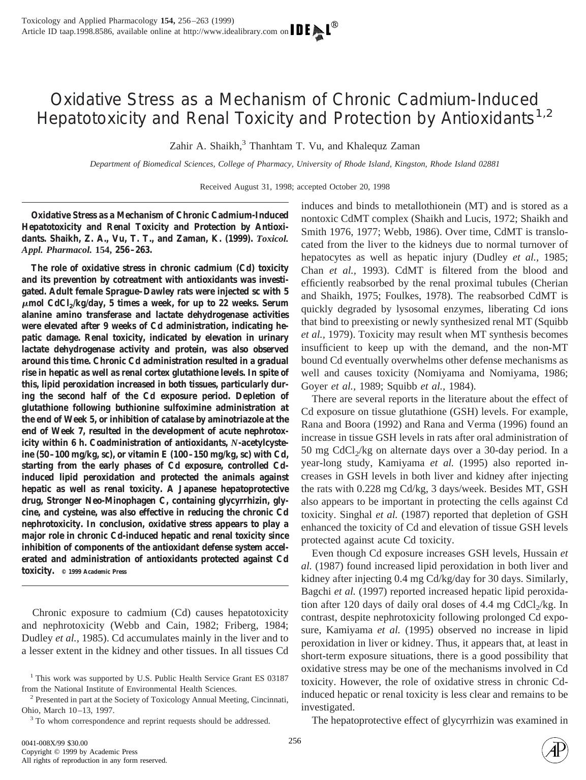 Oxidative Stress as a Mechanism of Chronic Cadmium-Induced Hepatotoxicity and Renal Toxicity and Protection by Antioxidants by Shaikh Z. A. et al