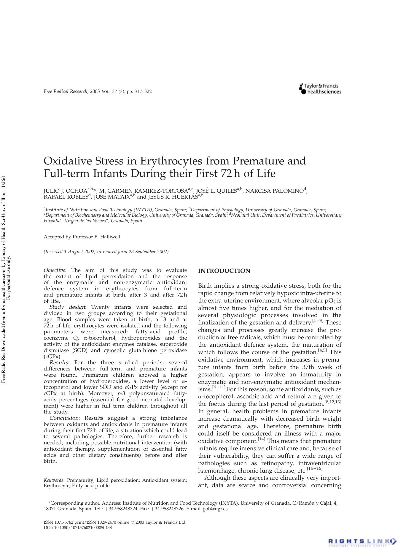 Oxidative Stress in Erythrocytes from Premature and Full-term Infants During their First 72 h of Life by unknow