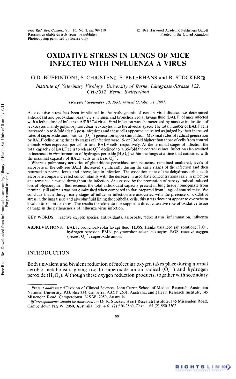 Oxidative Stress in Lungs of Mice Infected with Influenza a Virus by G. D. Buffinton1 2 S. Christen1 3 E. Peterhans1 & R. Stocker1 3†